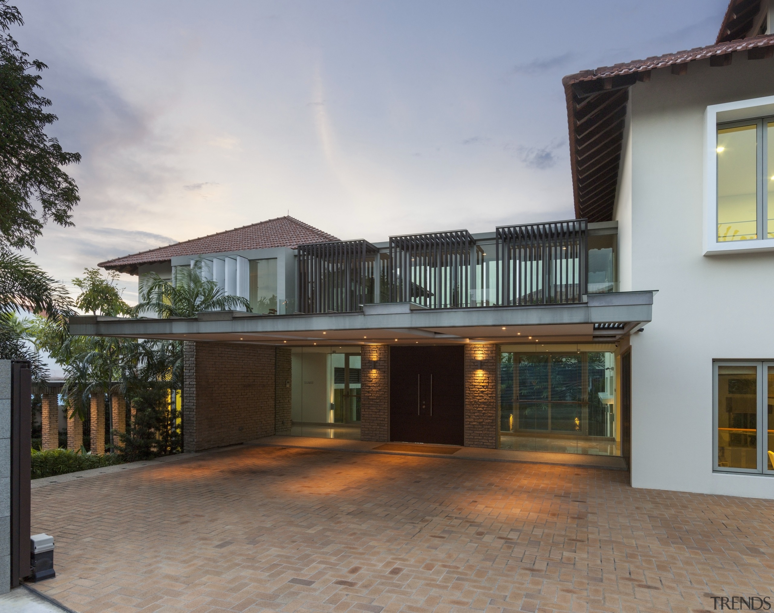 Modern new house comprising two wings in Singapore building, estate, facade, home, house, property, real estate, residential area, roof, window, gray