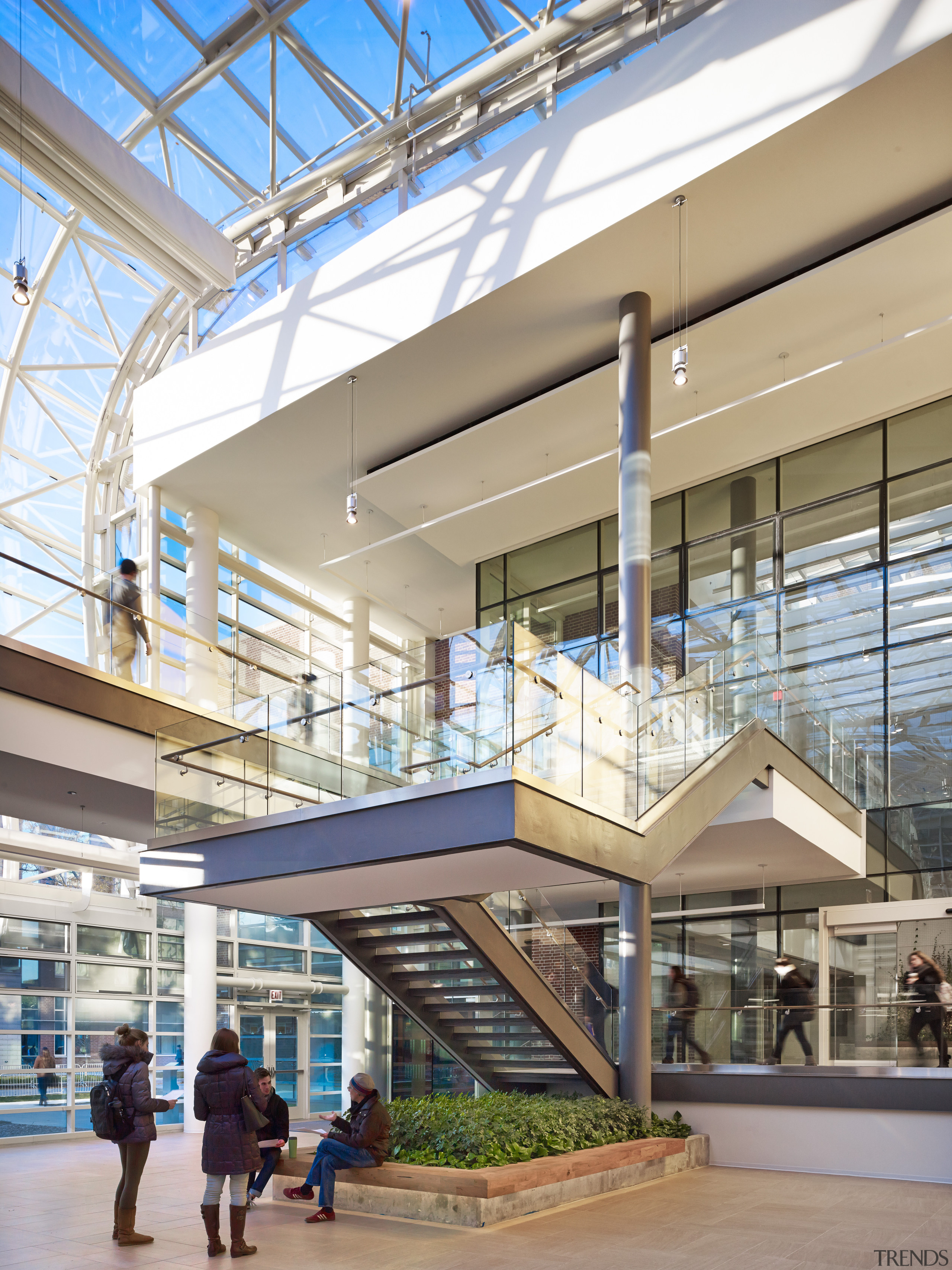 Locating the atrium partly inside the Ecodome at building, commercial building, daylighting, mixed use, shopping mall, white, gray