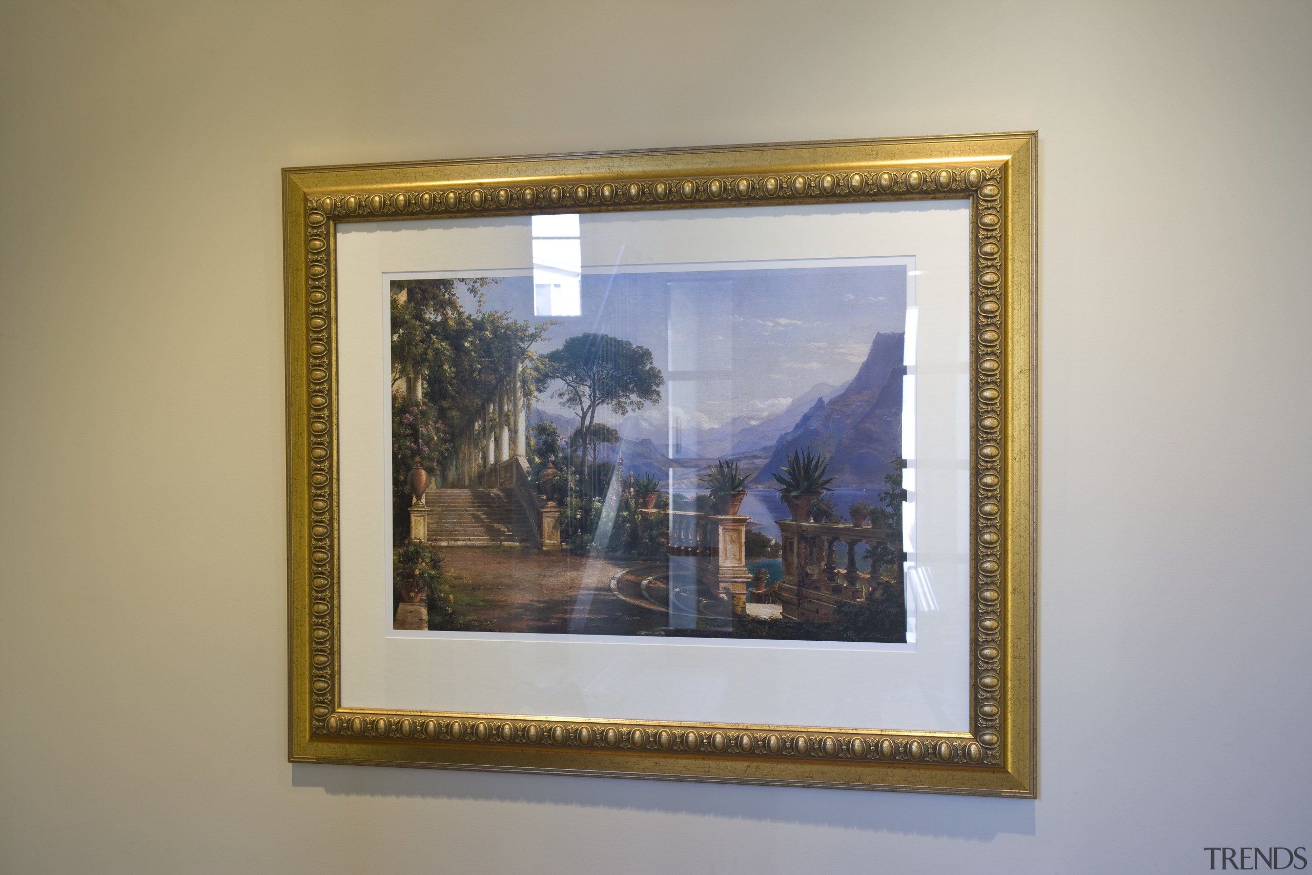 View of a piece of artwork inside this art, art gallery, collection, modern art, painting, picture frame, gray