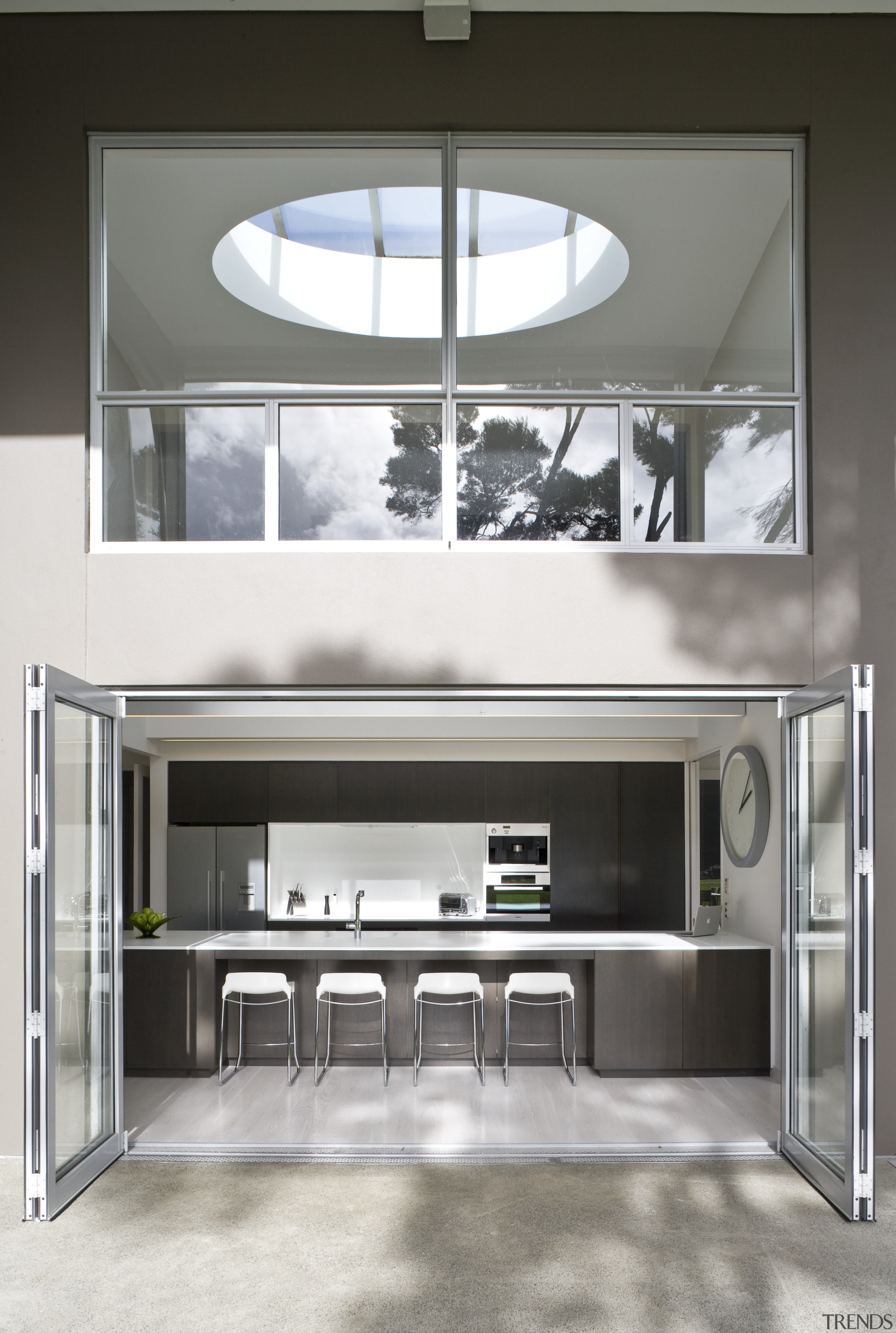 Exterior view of kitchen from the outdoor area interior design, product design, gray, white