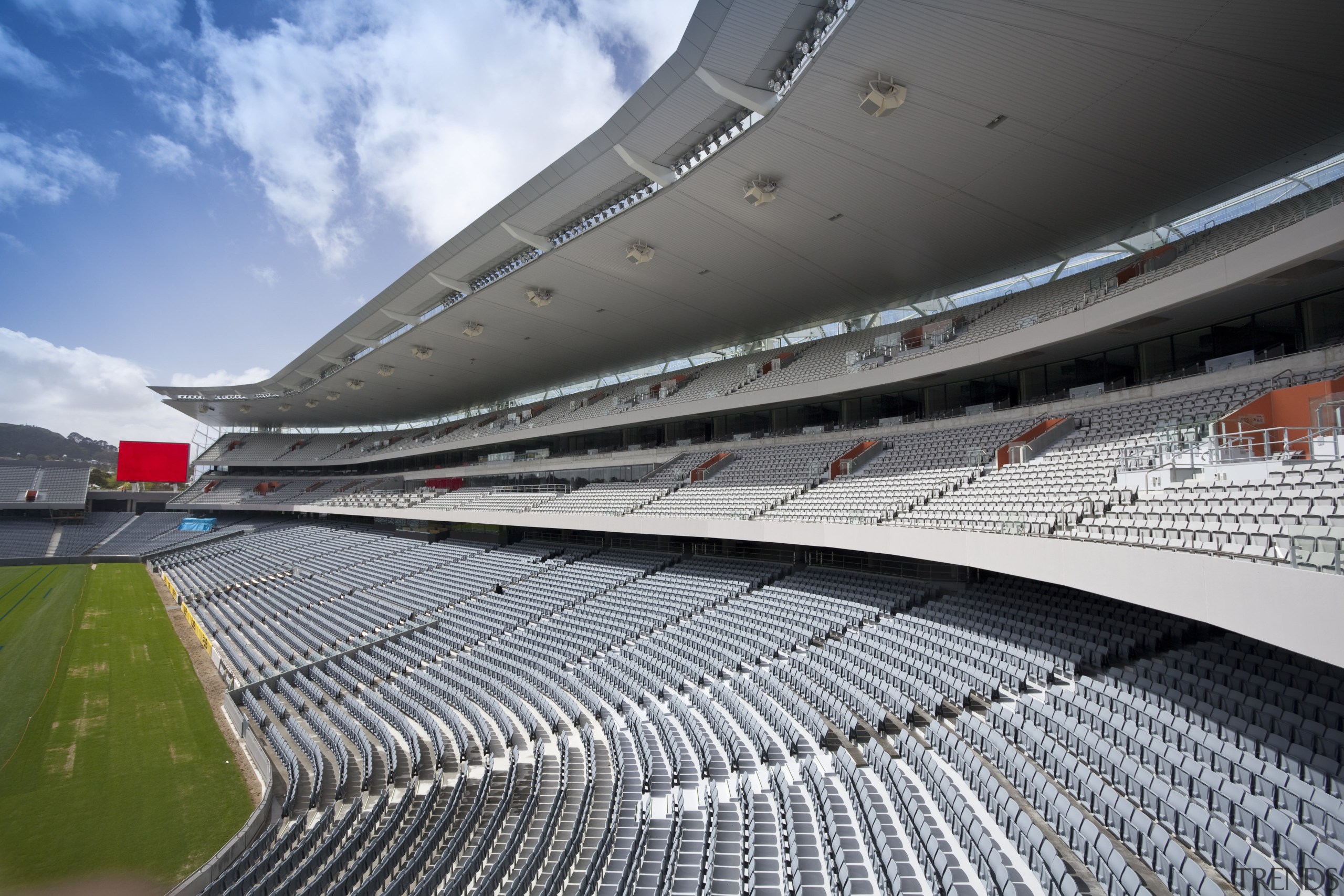 View of the rebuilt South Stand at Eden arena, atmosphere of earth, line, sky, soccer specific stadium, sport venue, stadium, structure, gray, black