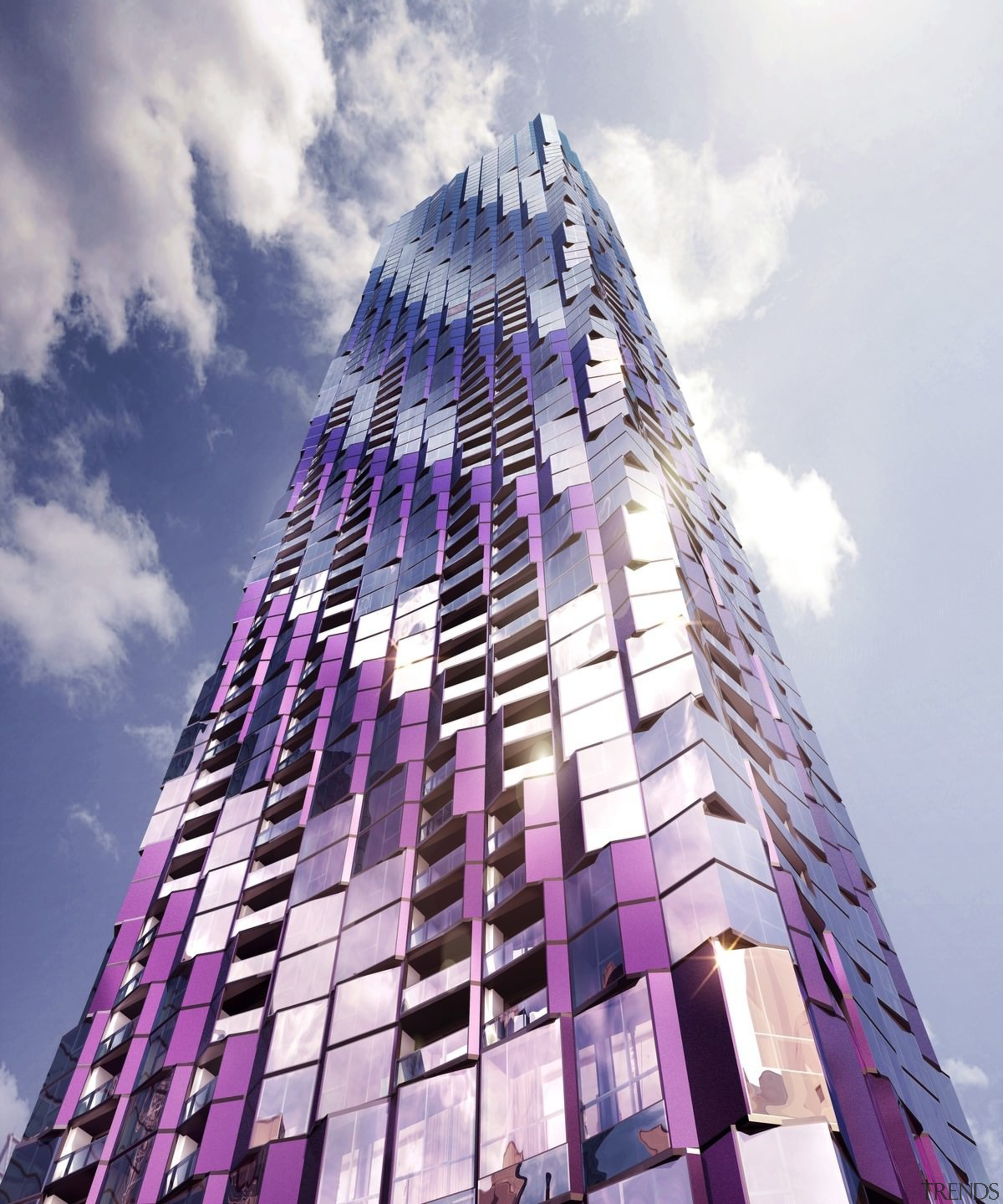 The purple makes for an interesting building – architecture, building, commercial building, condominium, corporate headquarters, daytime, facade, landmark, metropolis, metropolitan area, mixed use, purple, sky, skyscraper, tower, tower block, urban area, gray