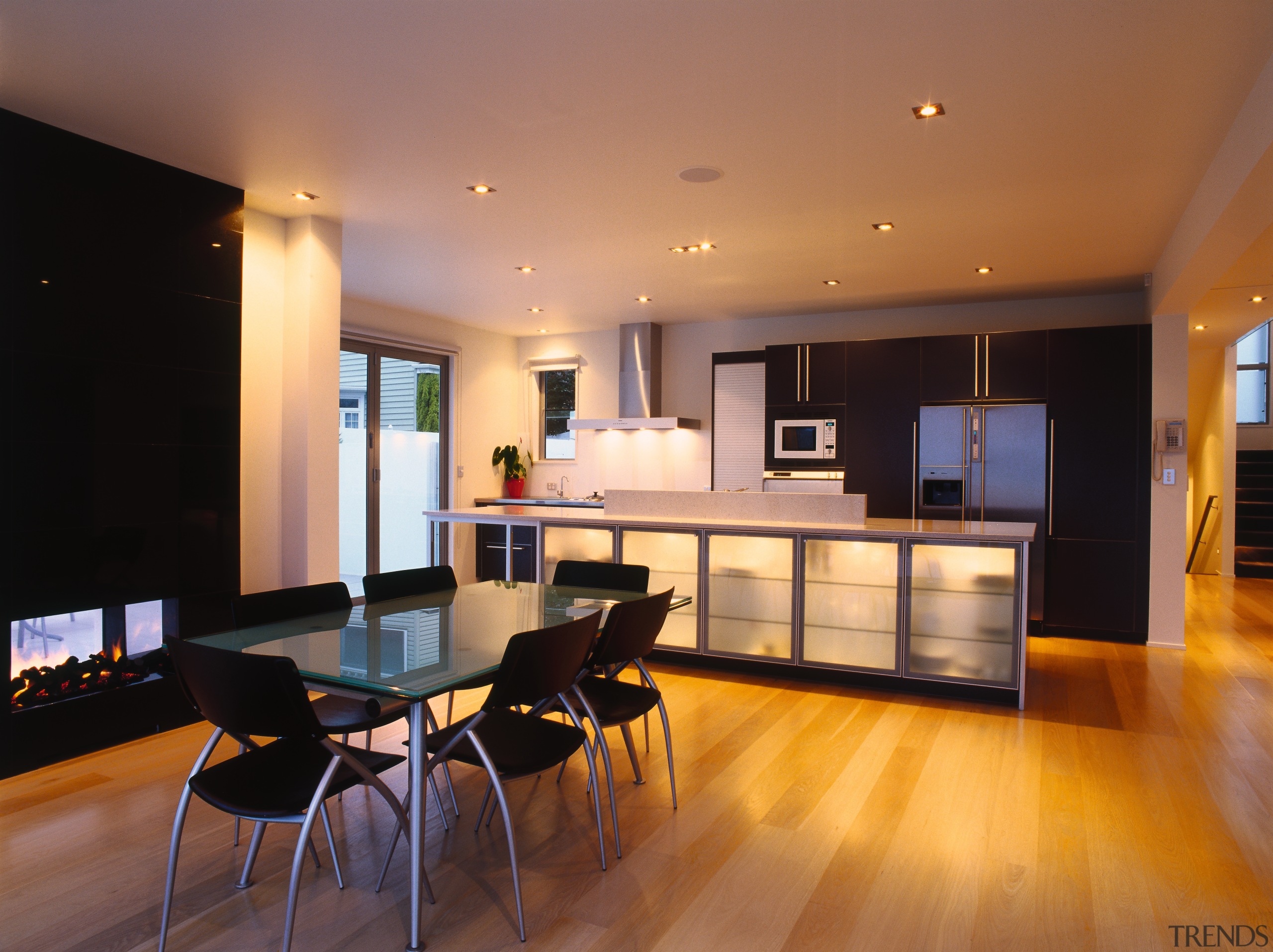 View of the dining &amp; kitchen area - apartment, architecture, ceiling, floor, flooring, house, interior design, kitchen, lighting, living room, real estate, room, orange, brown, black
