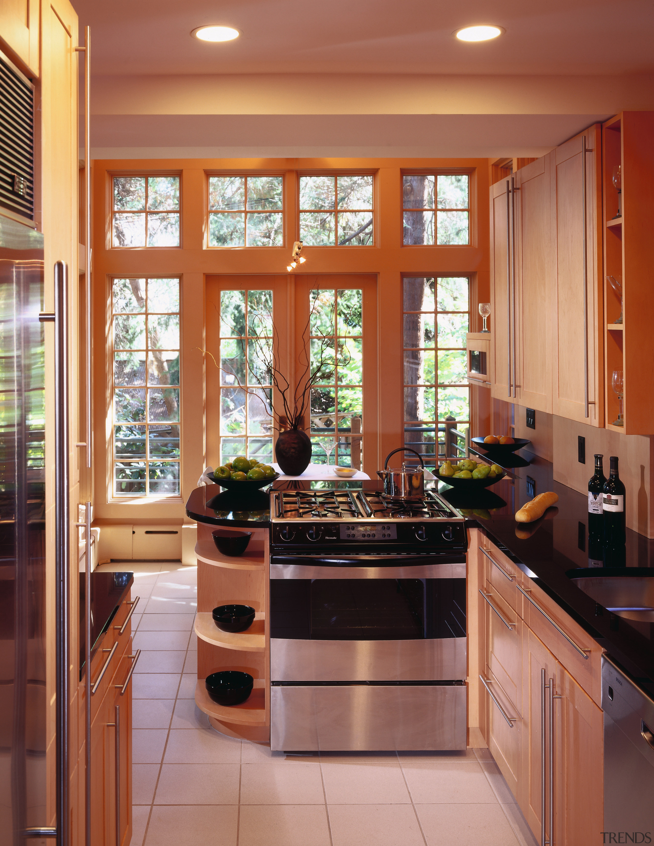 A view of the kitchen, tile floor, wooden cabinetry, countertop, cuisine classique, interior design, kitchen, room, window, red