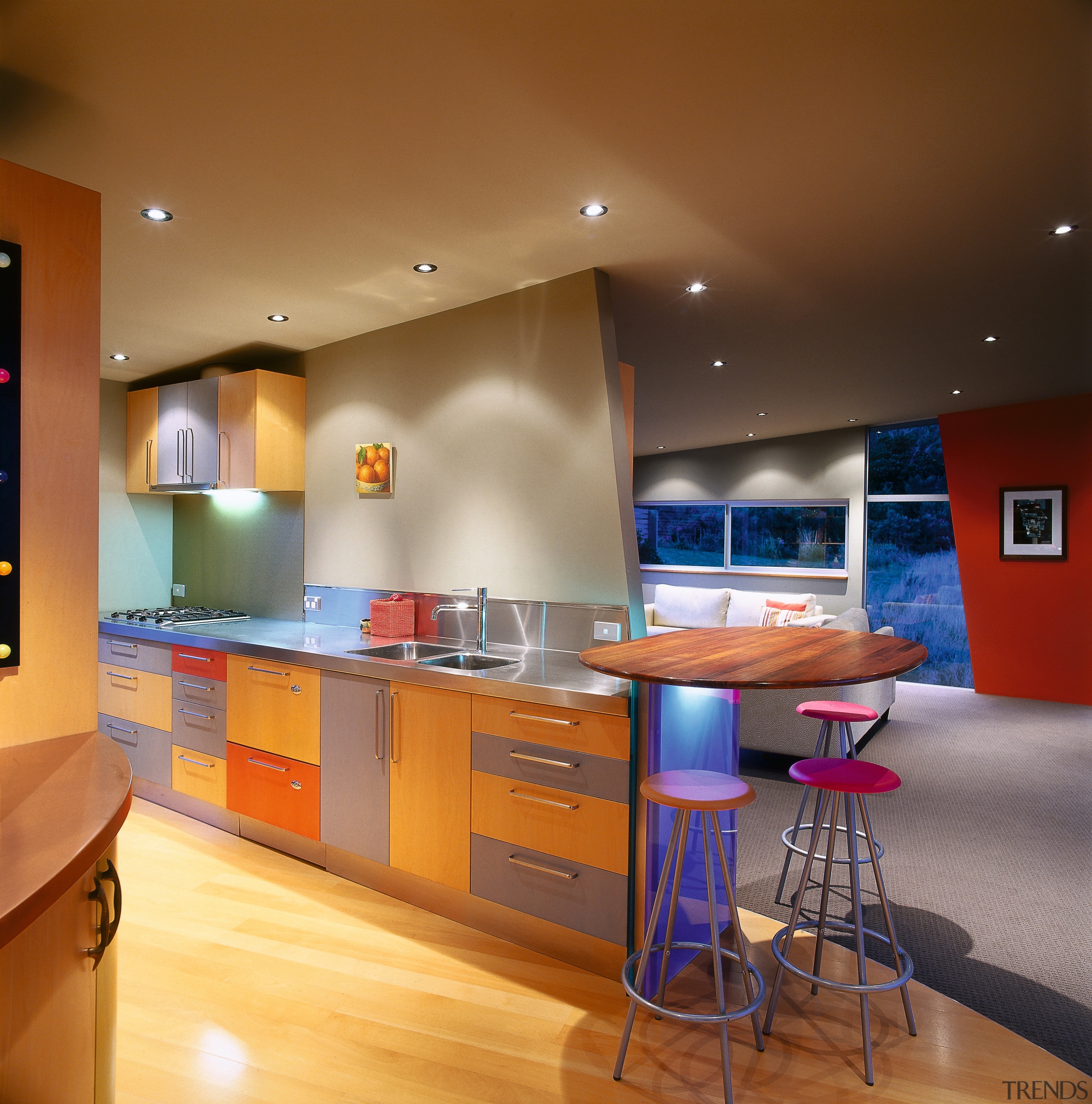 A view of the kitchen area, wooden flooring, architecture, cabinetry, ceiling, countertop, interior design, kitchen, real estate, room, brown