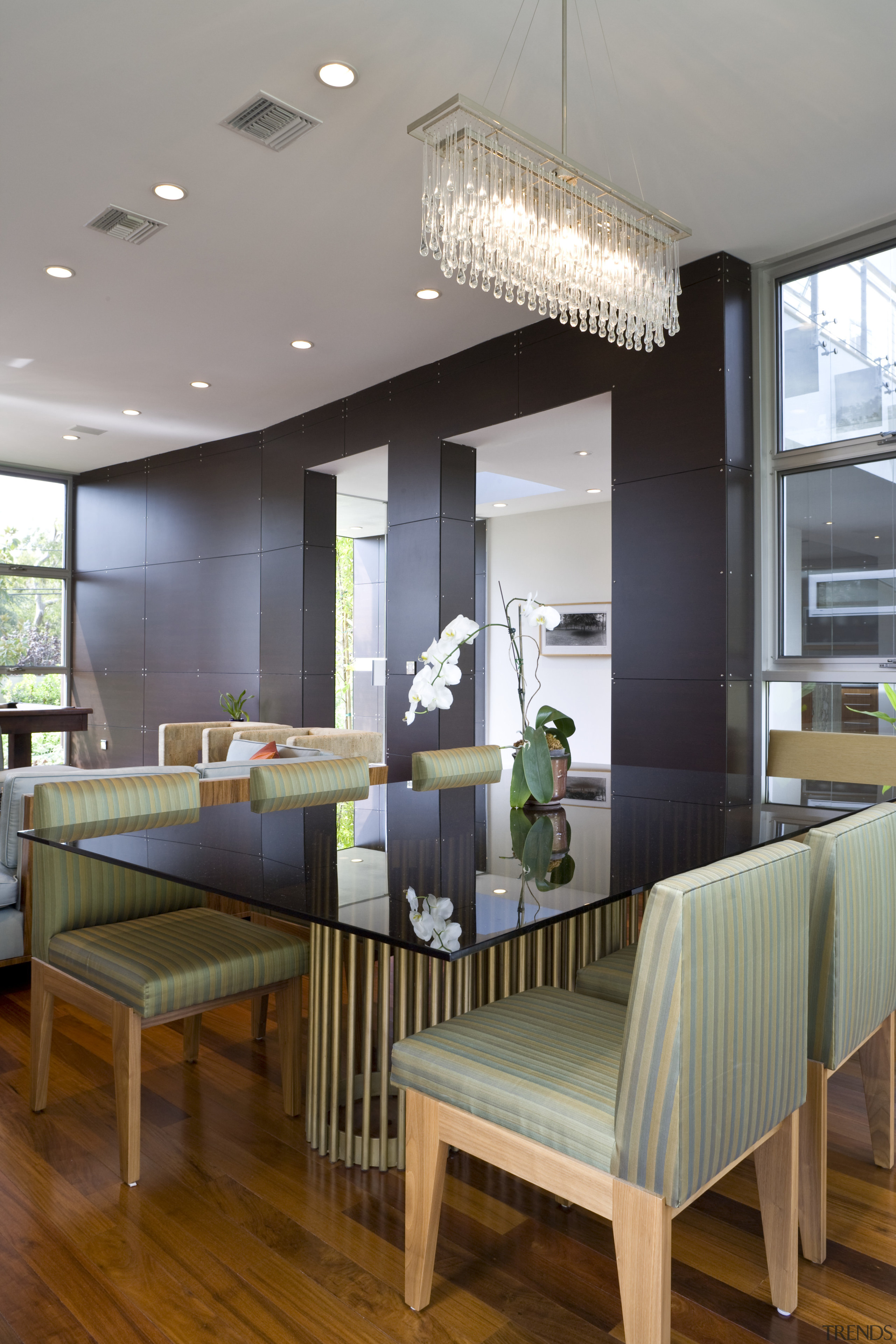 View of dining area which features dining room ceiling, dining room, interior design, living room, table, gray
