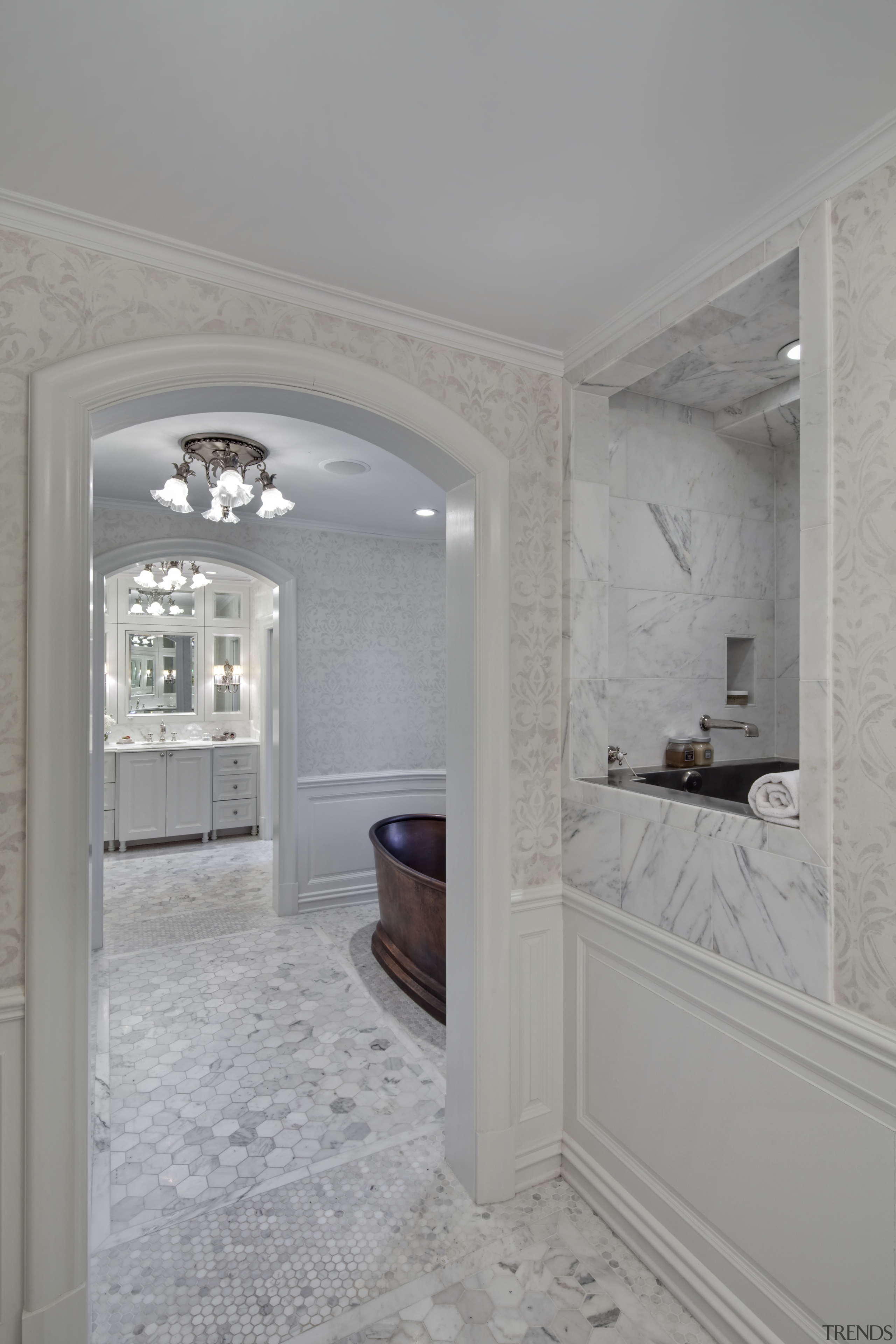 View of a traditional-styled bathroom which features a architecture, ceiling, daylighting, floor, home, interior design, plaster, room, wall, window, gray