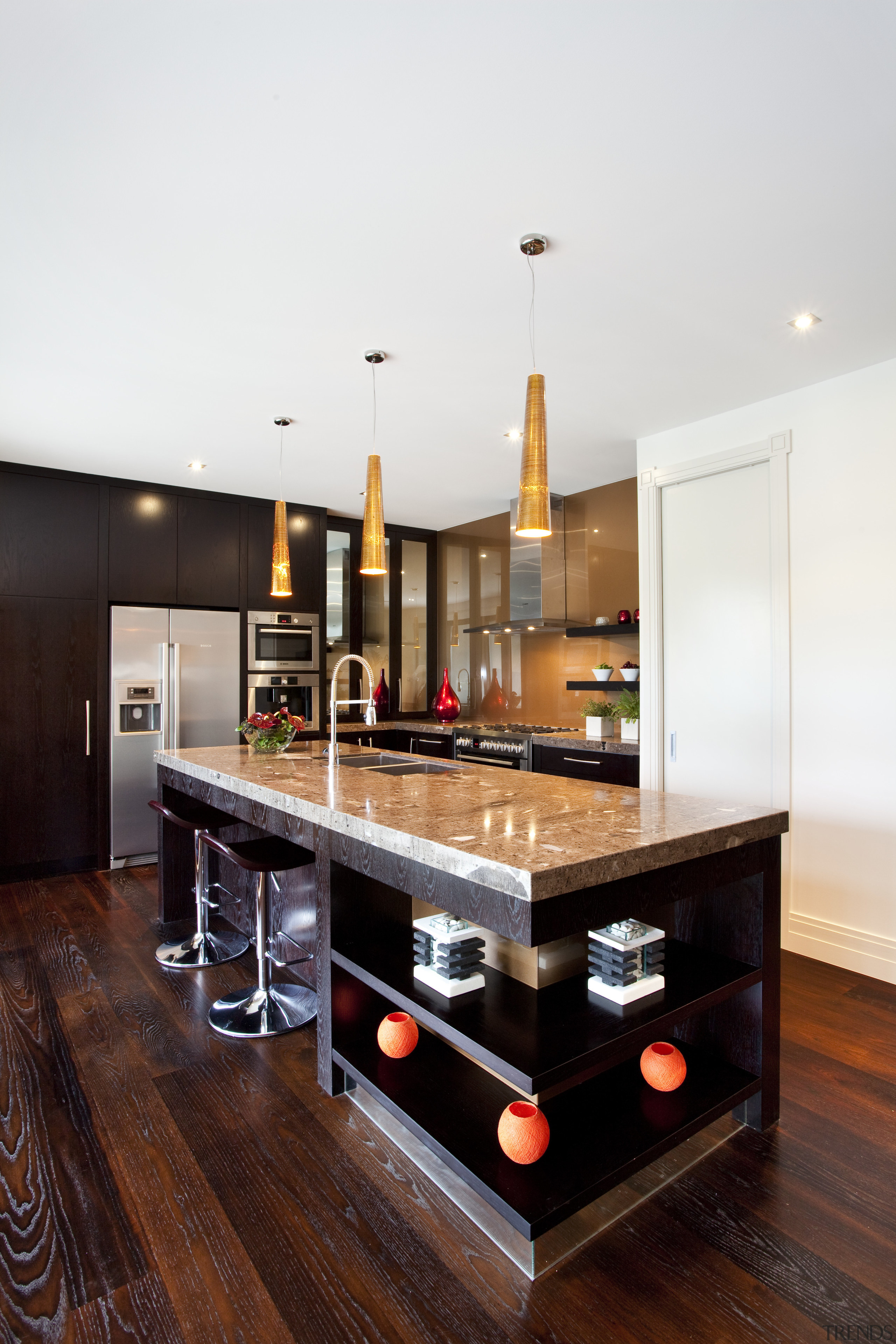 Balinese design influence. Dark-roasted American oak floorboards. Mousse countertop, interior design, kitchen, table, white