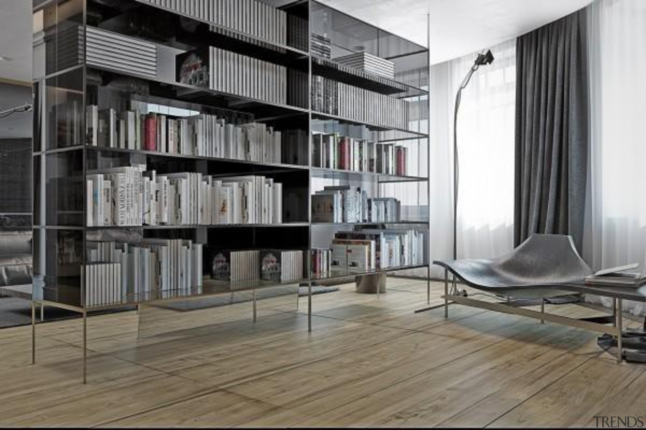 floor to ceiling shelves - Masculine Apartments - bookcase, floor, furniture, interior design, shelf, shelving, gray, black