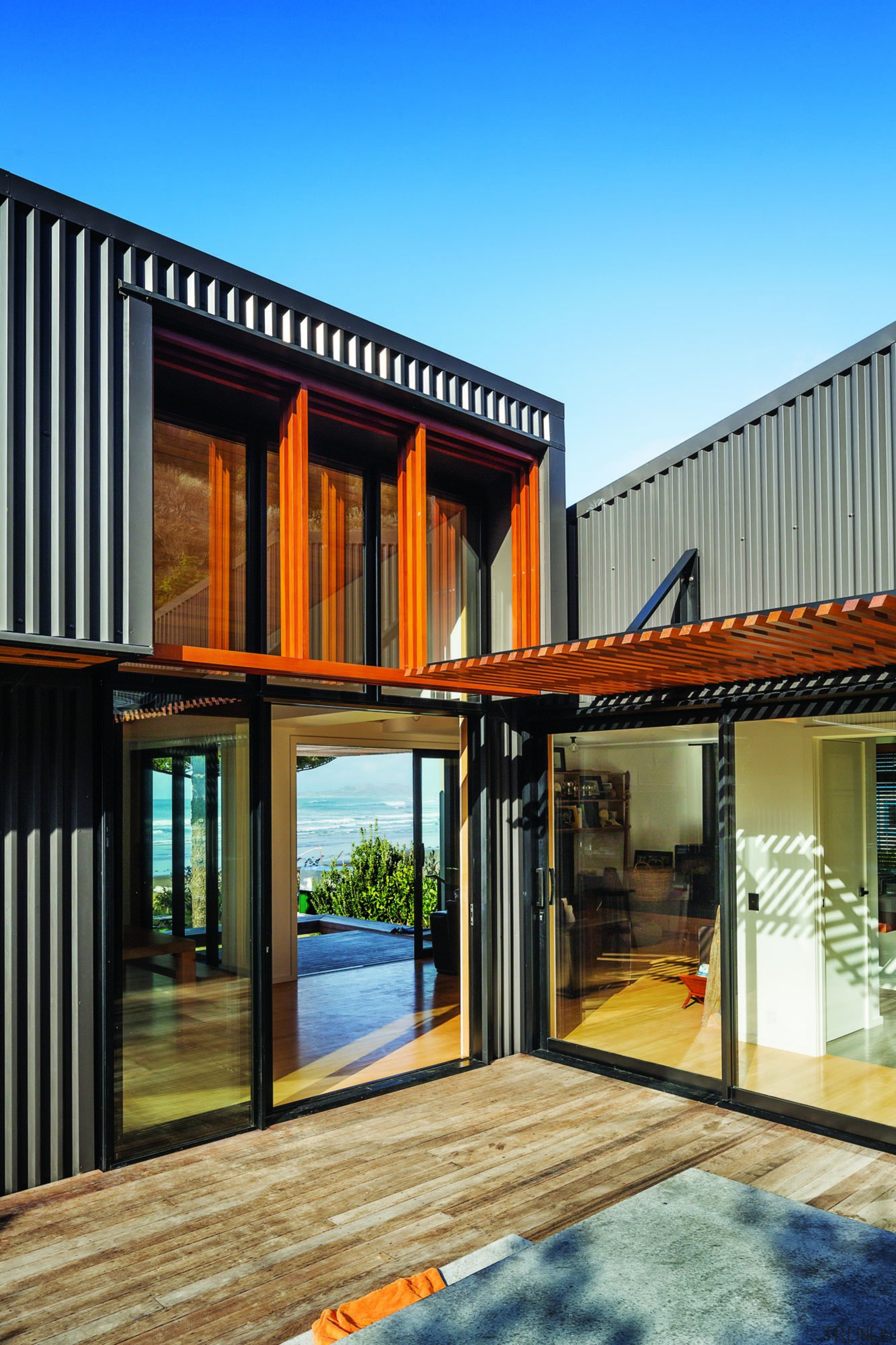 Makarori Beach House - V-Rib - Slate - architecture, facade, home, house, property, real estate, siding, window, wood