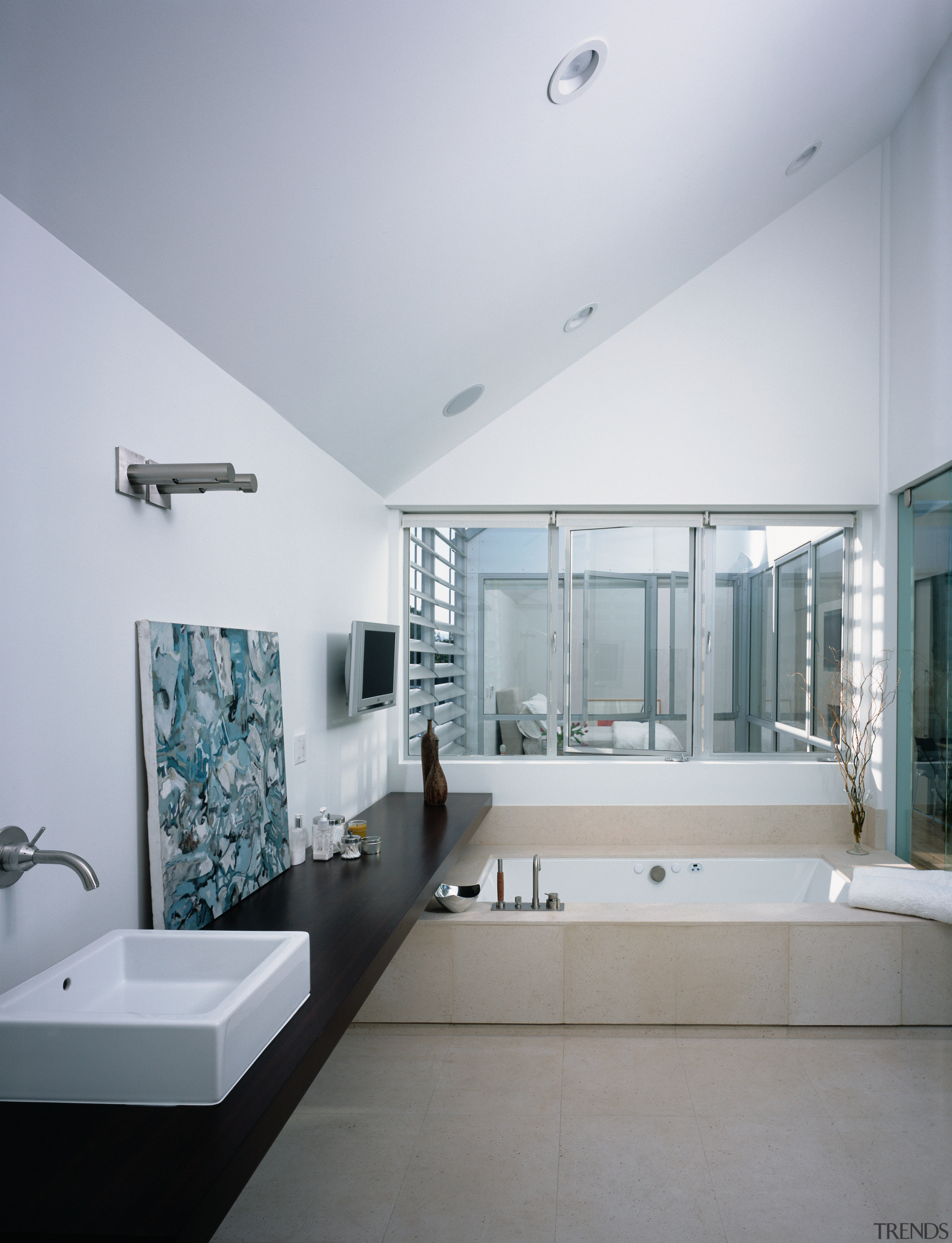 A view of the bathroom featuring recessed bathtub, architecture, bathroom, ceiling, daylighting, estate, home, interior design, real estate, room, window, gray