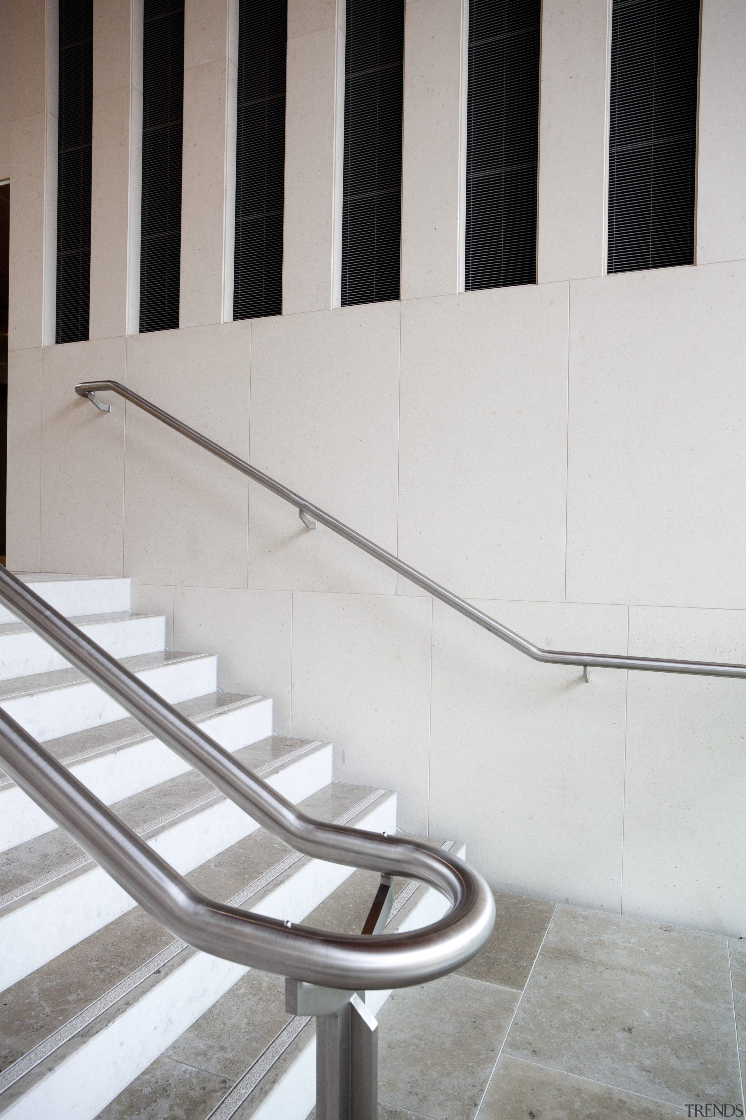 Here is a view of the work done angle, architecture, floor, glass, handrail, line, product design, stairs, gray