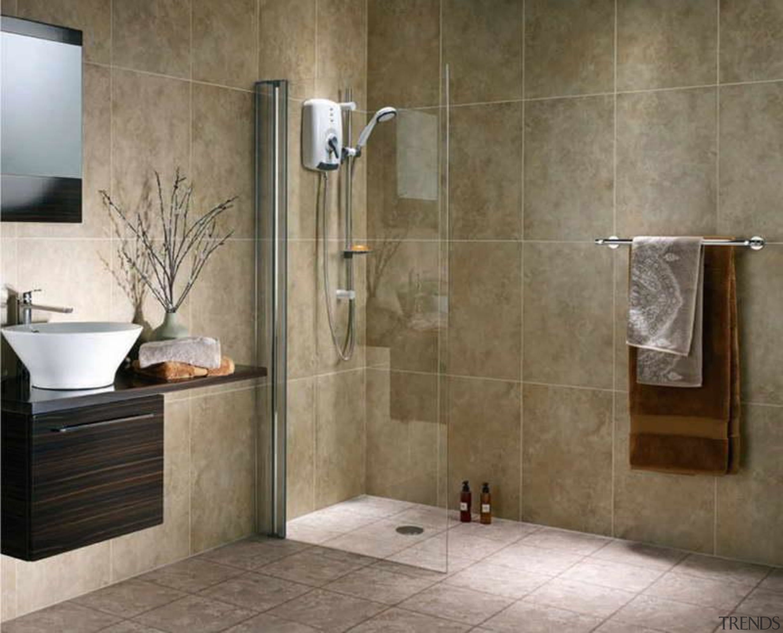 You don't have to have an enclosure – bathroom, floor, flooring, interior design, plumbing fixture, shower, tap, tile, wall, brown, gray