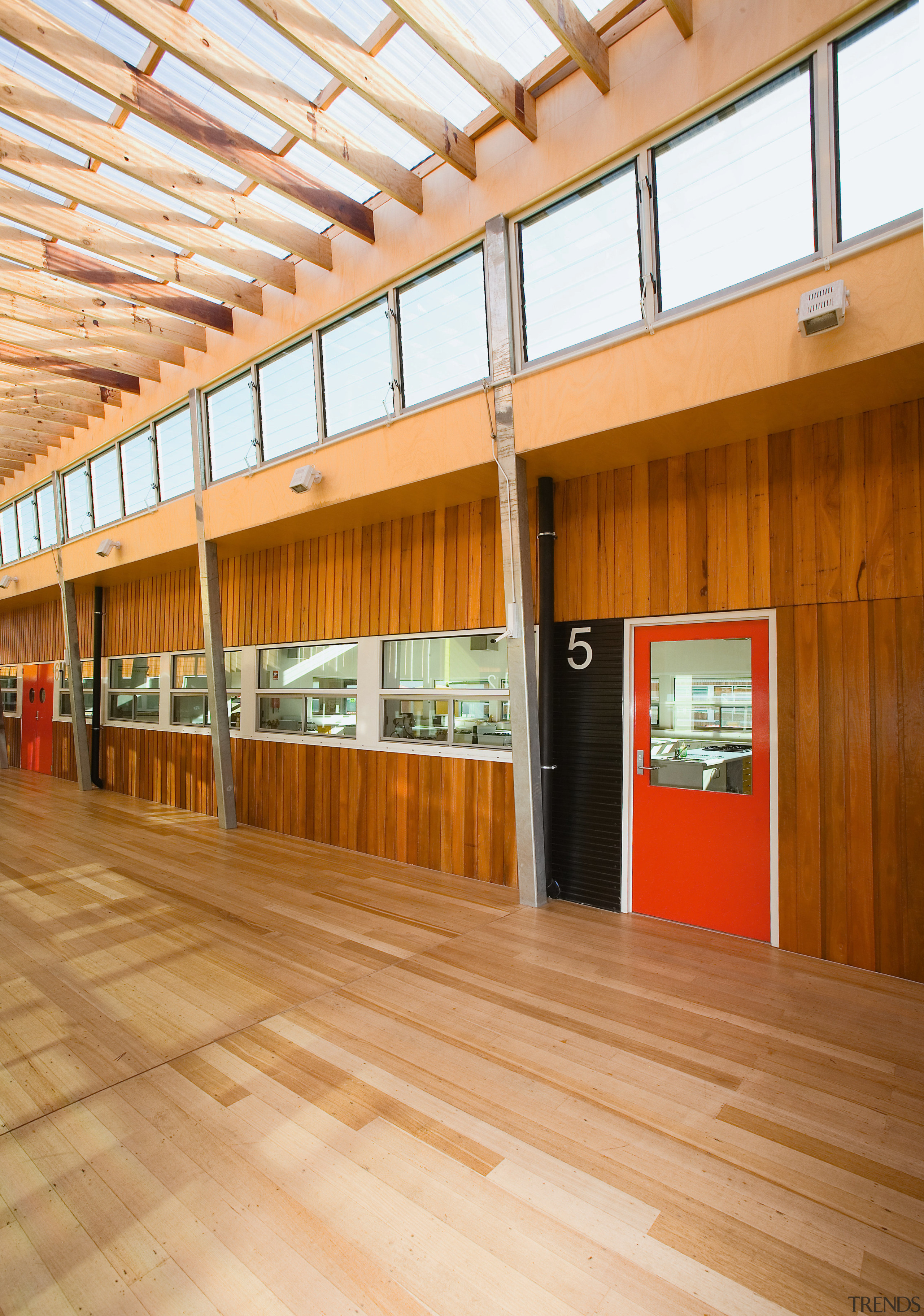 View of Williamstown High School in Melbourne. Designed architecture, ceiling, daylighting, floor, flooring, hardwood, wood, orange, brown