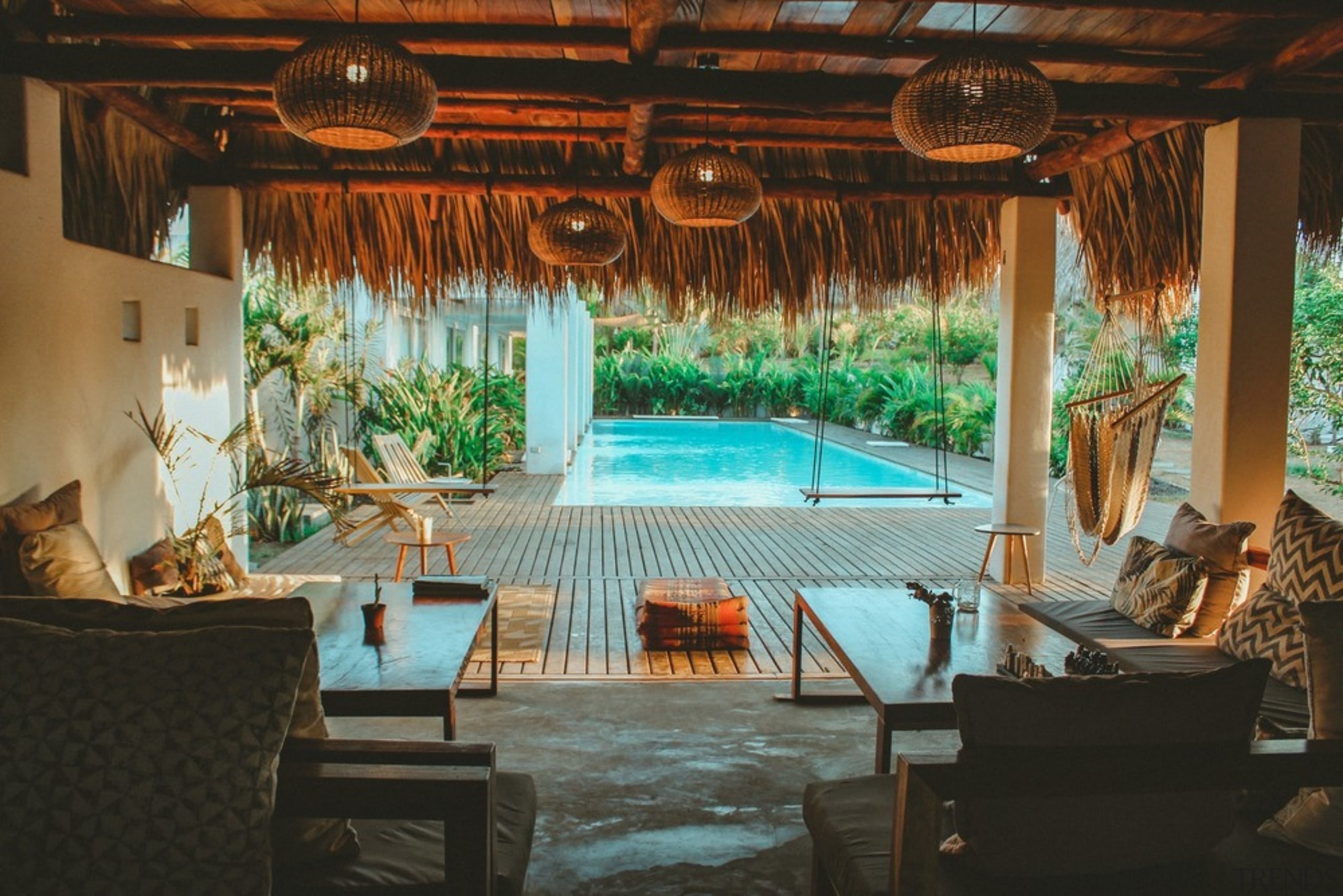 Swell - a surf and lifestyle hotel - architecture, building, ceiling, estate, furniture, home, hotel, house, interior design, leisure, property, real estate, resort, room, swimming pool, vacation, brown, black