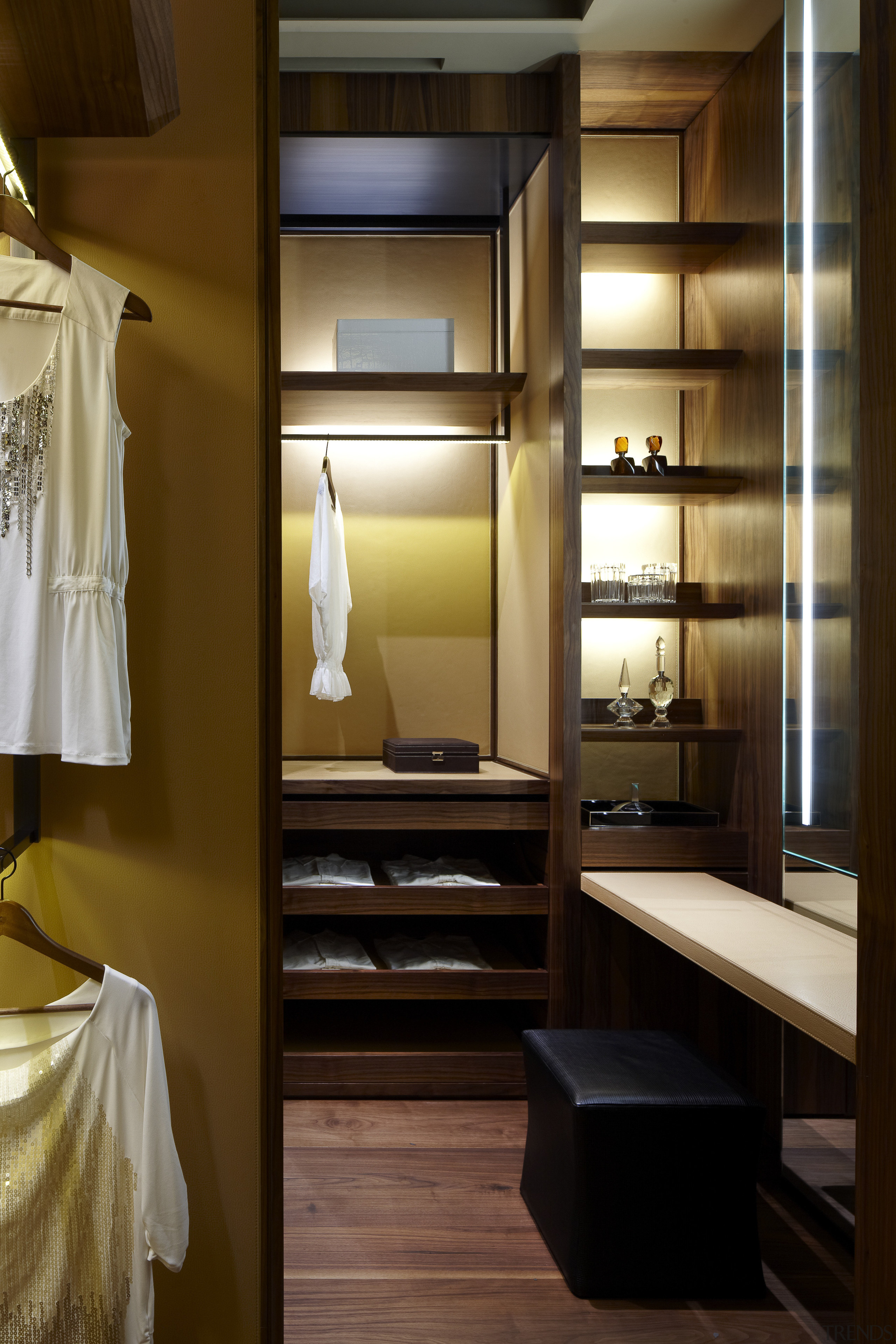 View of contemporary walk in wardrobe. - View cabinetry, closet, furniture, interior design, room, wardrobe, brown, black