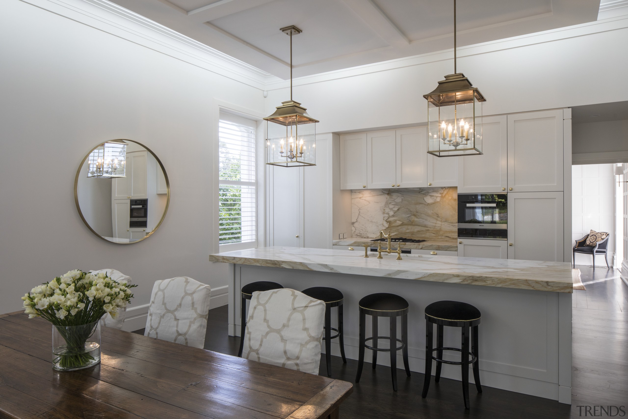 As part of a whole-house renovation, this kitchen ceiling, countertop, cuisine classique, dining room, floor, home, interior design, kitchen, real estate, room, table, gray