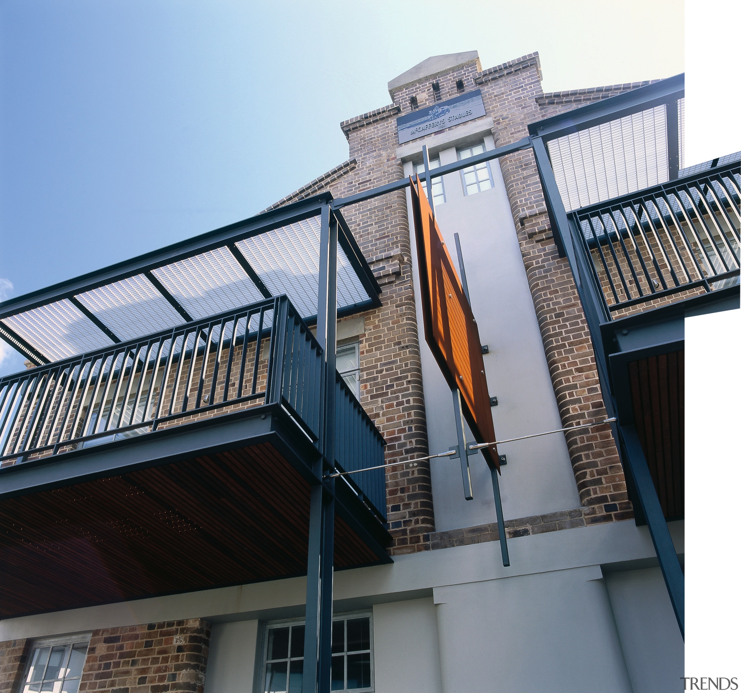 View of thr brick building from below, steel architecture, balcony, building, daylighting, facade, house, roof, structure, window, black, gray