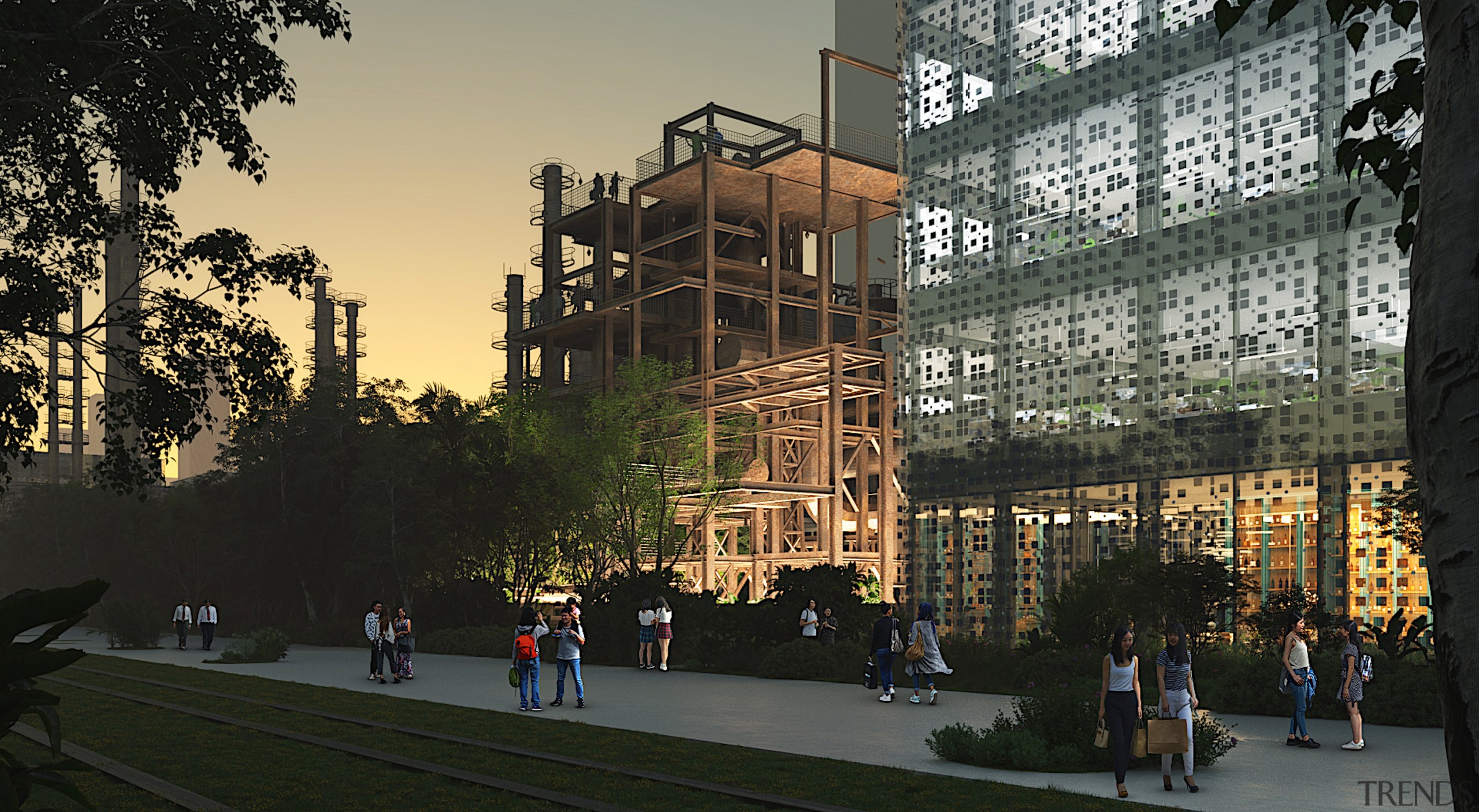 Dusk falls on the forward-looking, mixed use complex. 