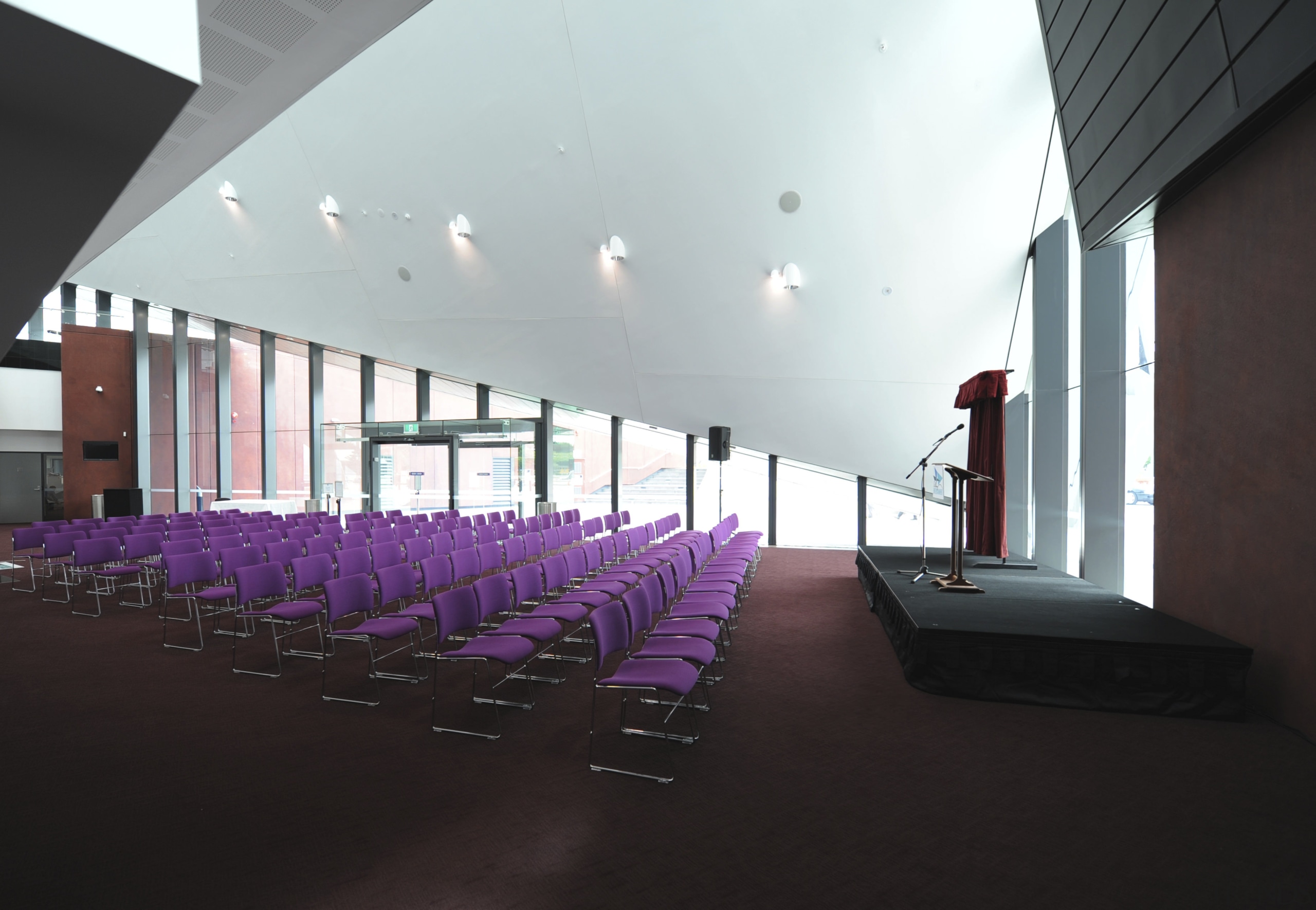 View of the interior stage/seating area of the architecture, auditorium, ceiling, daylighting, structure, black, white