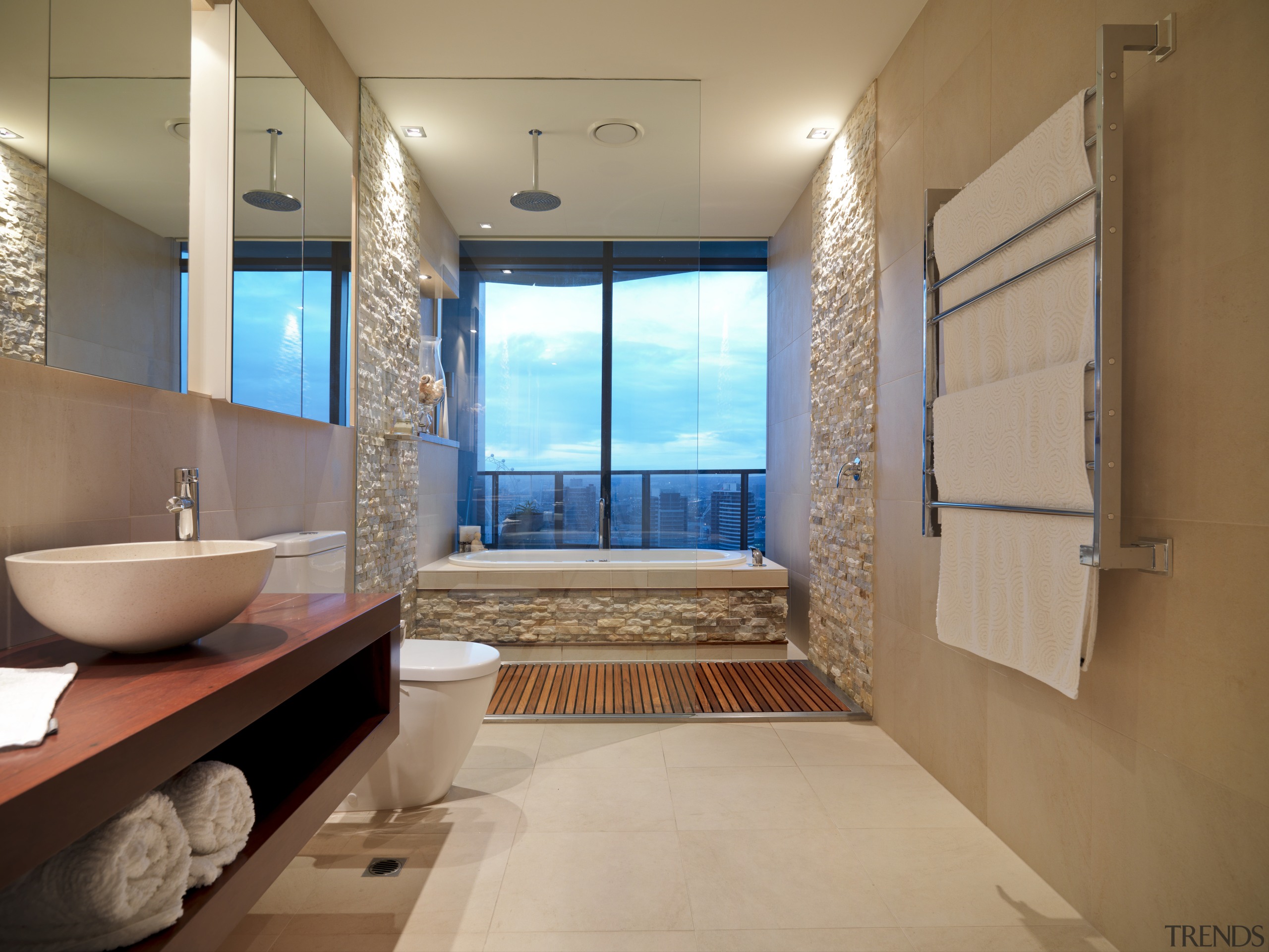 View of en-suite which features a cantilevered vanity bathroom, estate, home, interior design, property, real estate, room, brown, orange