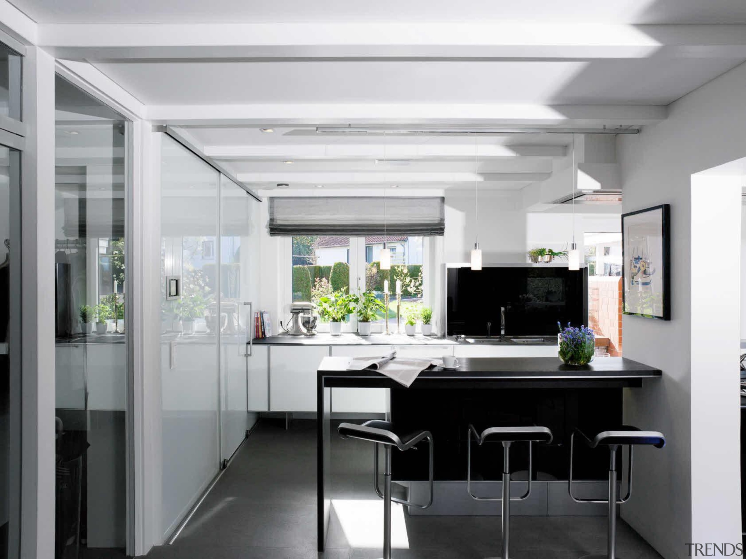 Modern Black and White Kitchen Back in 1987, interior design, kitchen, office, white, gray