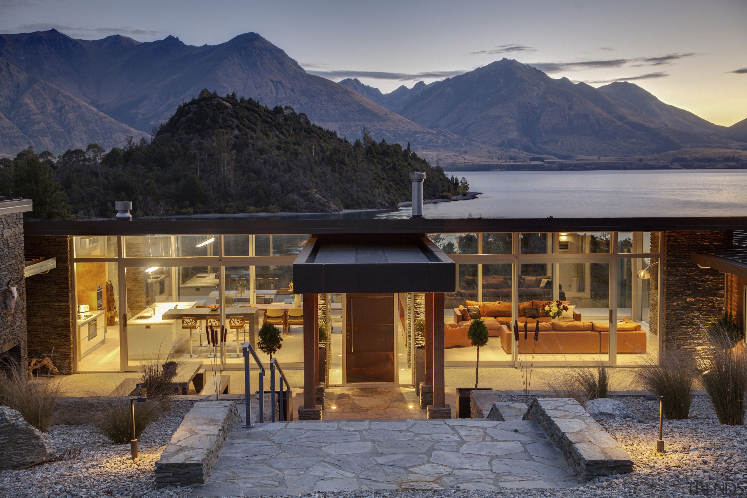 Transparent contemporary new home - Transparent contemporary new architecture, evening, home, house, mountain, property, real estate, sky, gray