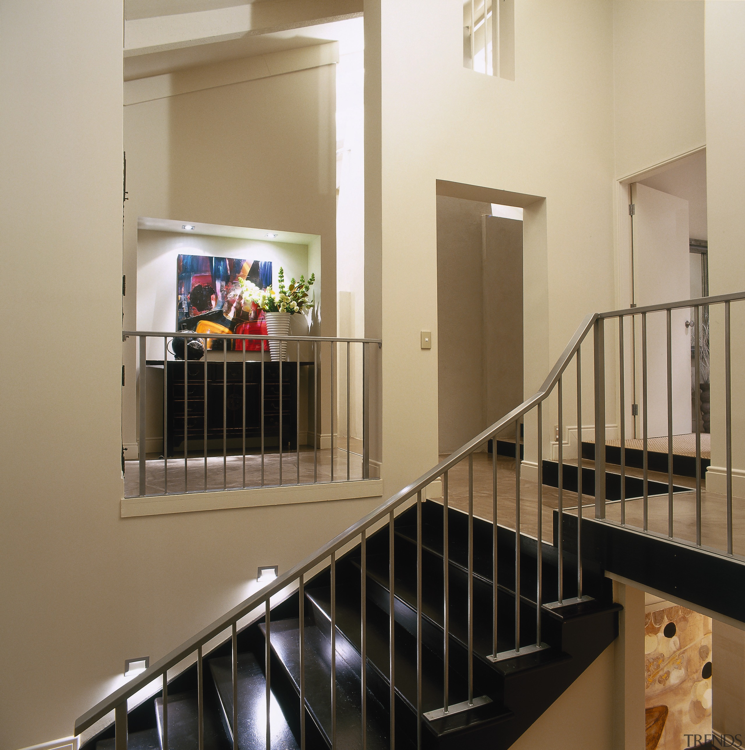 View of this stairway - View of this glass, handrail, product, stairs, orange, brown