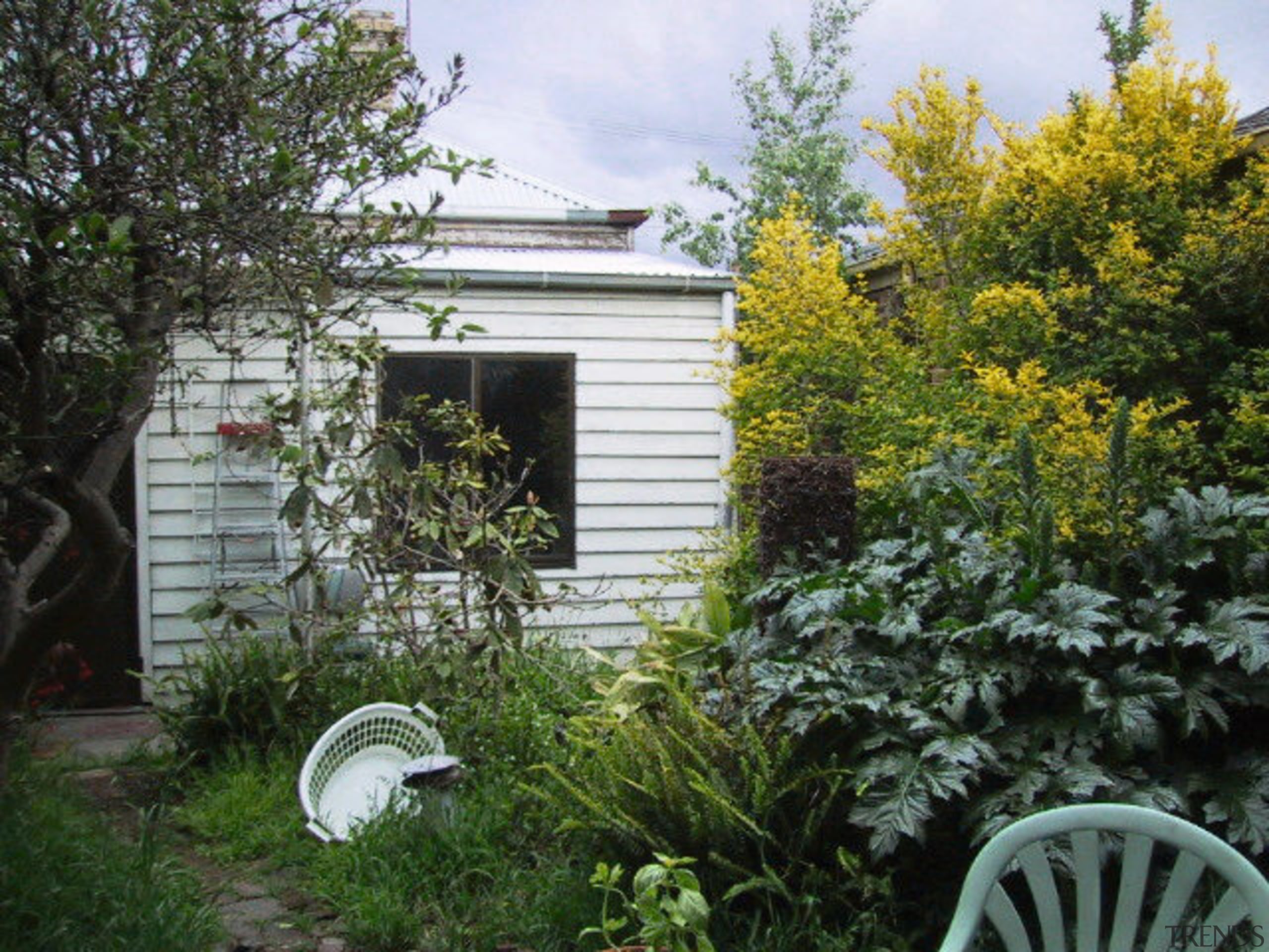 A view of the home before it was backyard, cottage, garden, home, house, outdoor structure, plant, property, real estate, shed, shrub, tree, yard