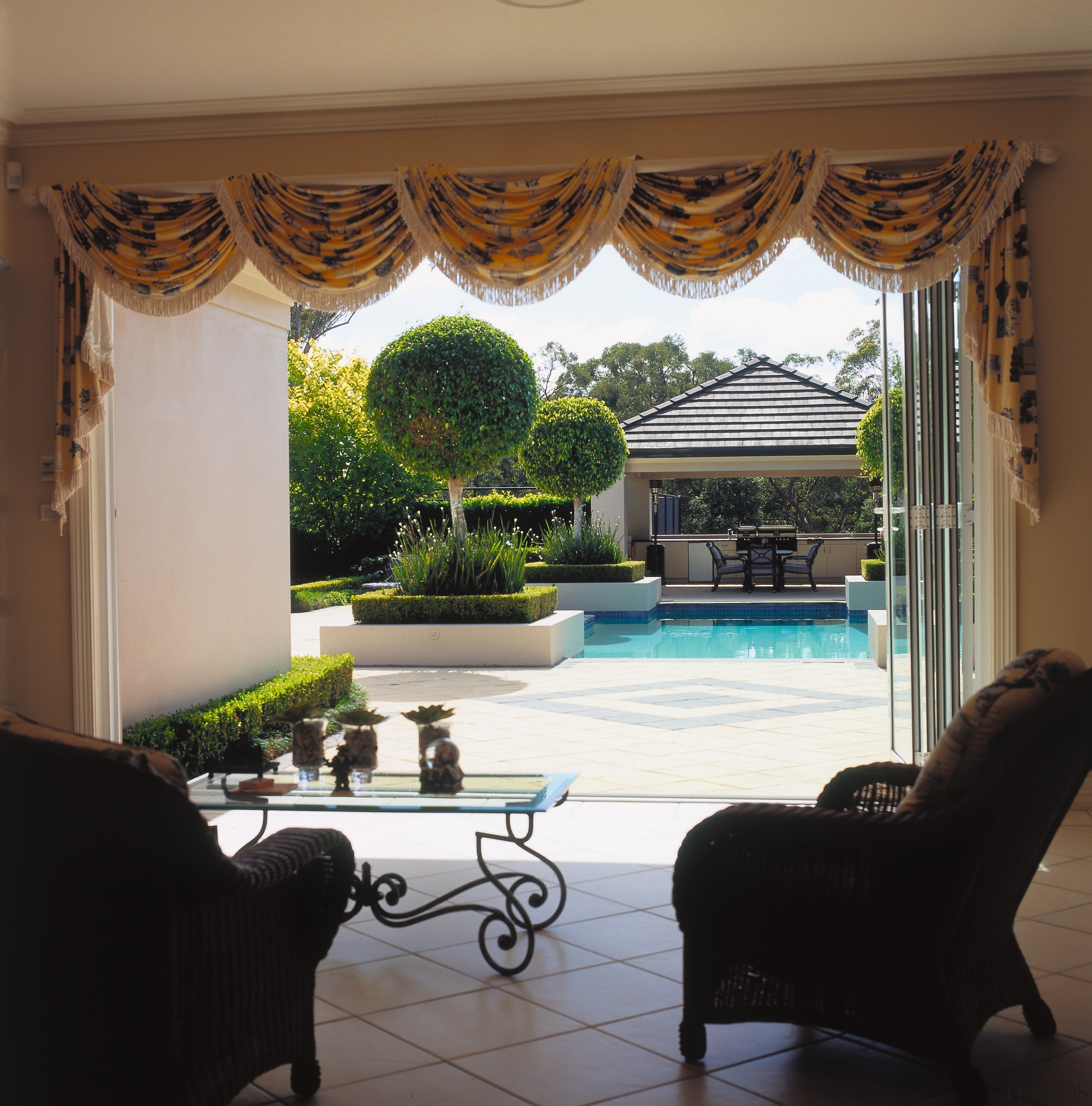 Interior view of the exterior patio, cream tiled architecture, ceiling, curtain, estate, home, house, interior design, living room, property, real estate, room, shade, table, window, window blind, window covering, window treatment, black, brown