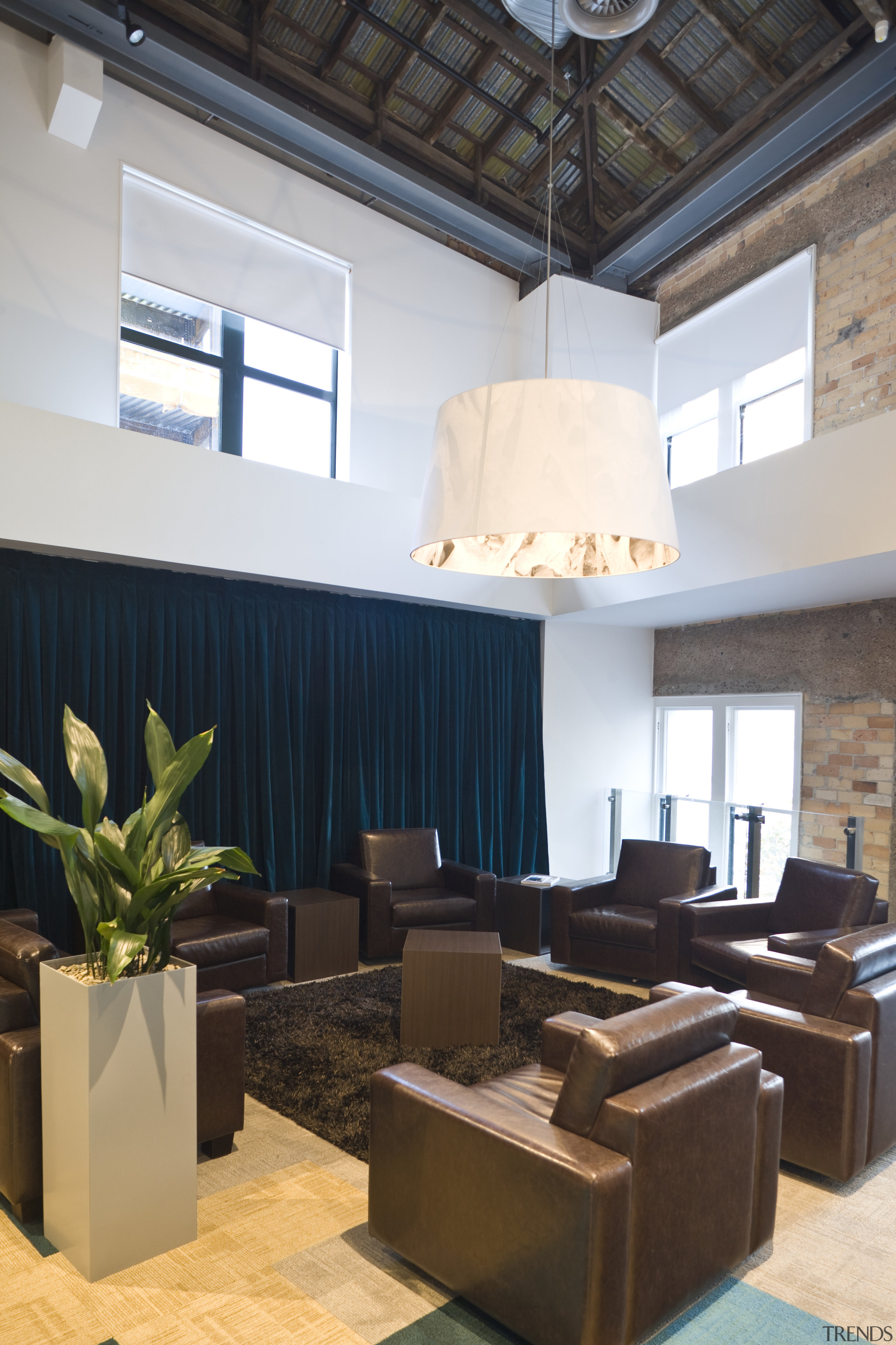 interior view of the Westpac offices featuring windows ceiling, furniture, interior design, living room, lobby, table, white, black