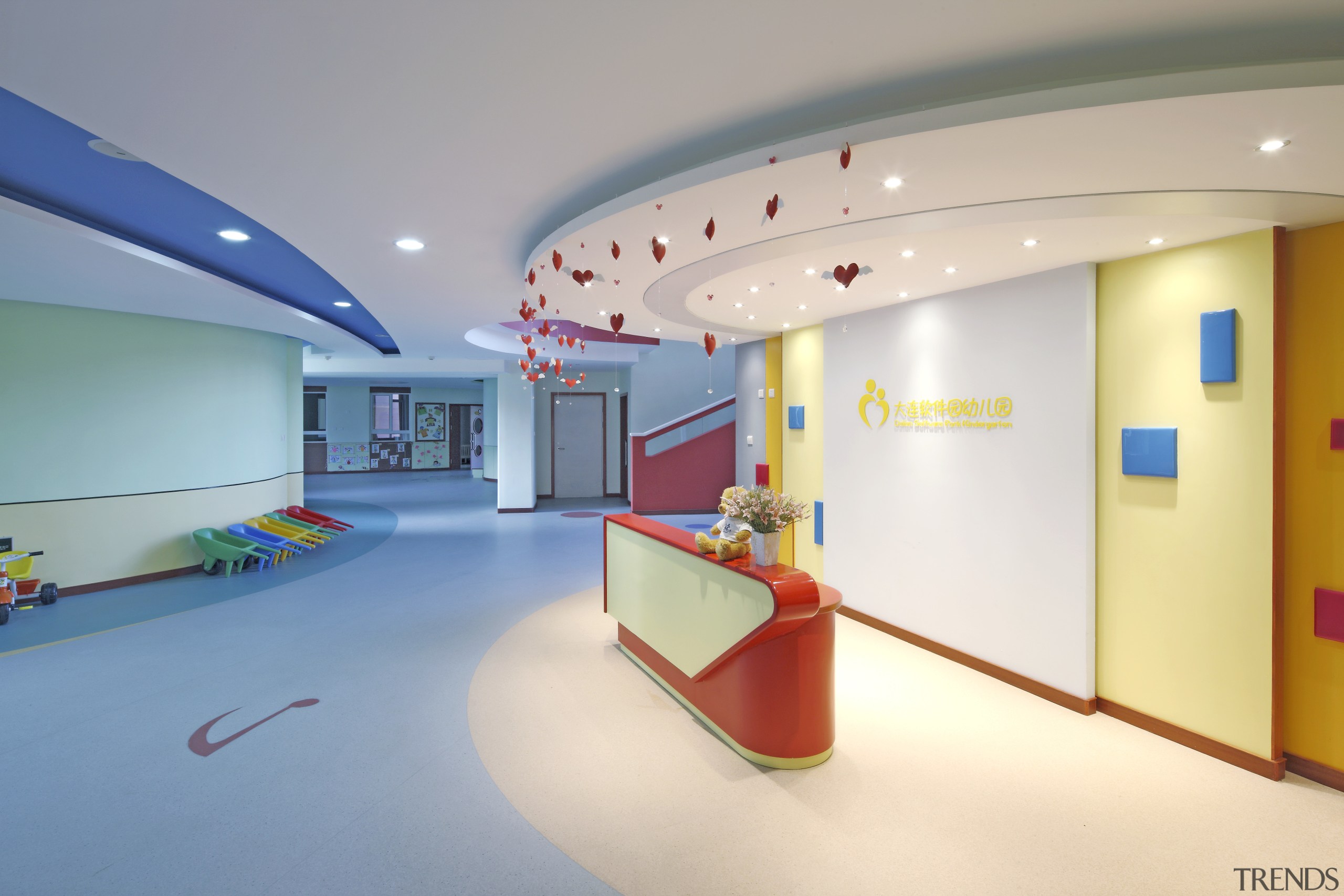 View of Dalian Preschool, with curvilinear forms and ceiling, institution, interior design, leisure centre, product design, white