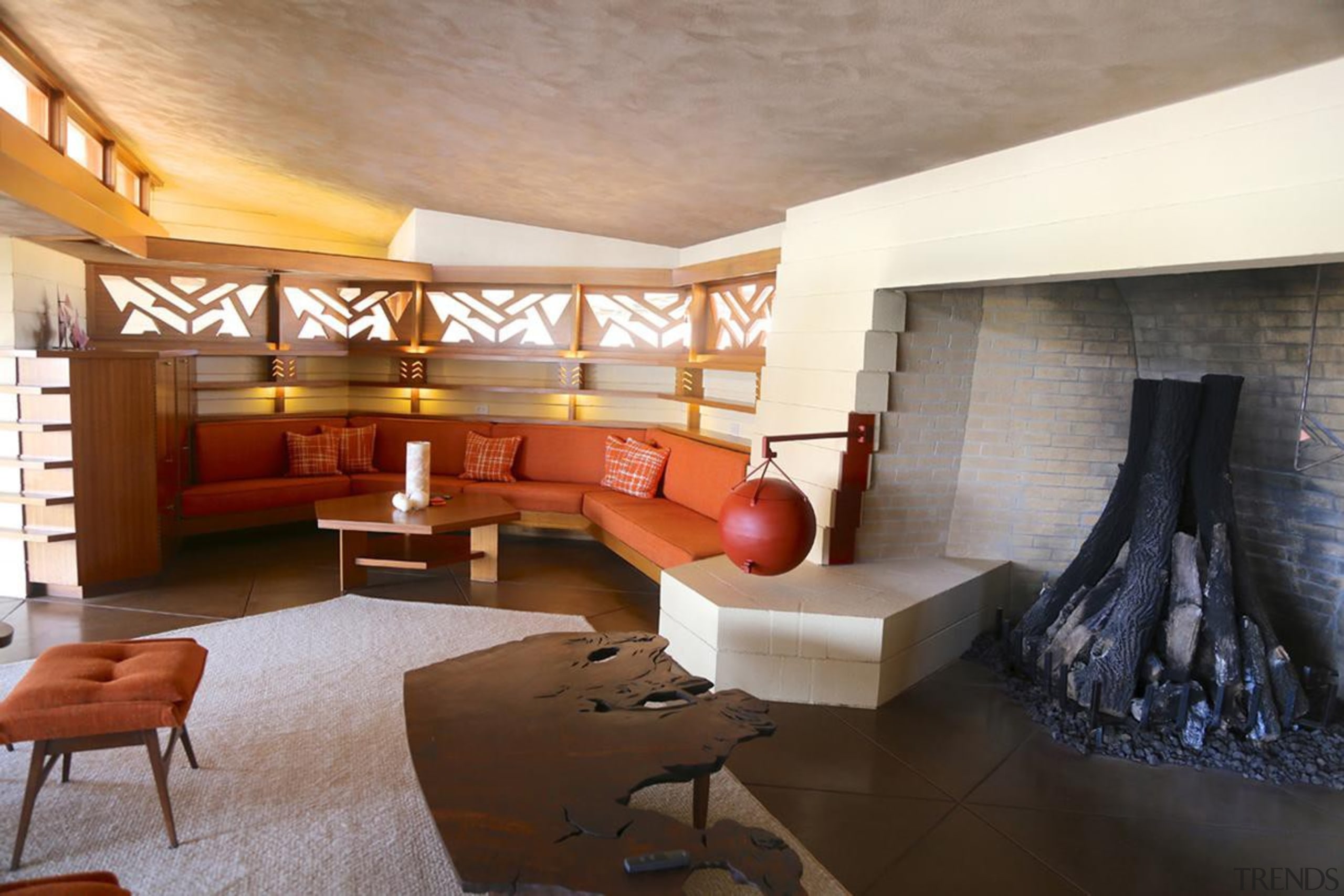 An extensive historic restoration of this mid-century Frank architecture, ceiling, interior design, living room, property, real estate, room, suite, wall, brown