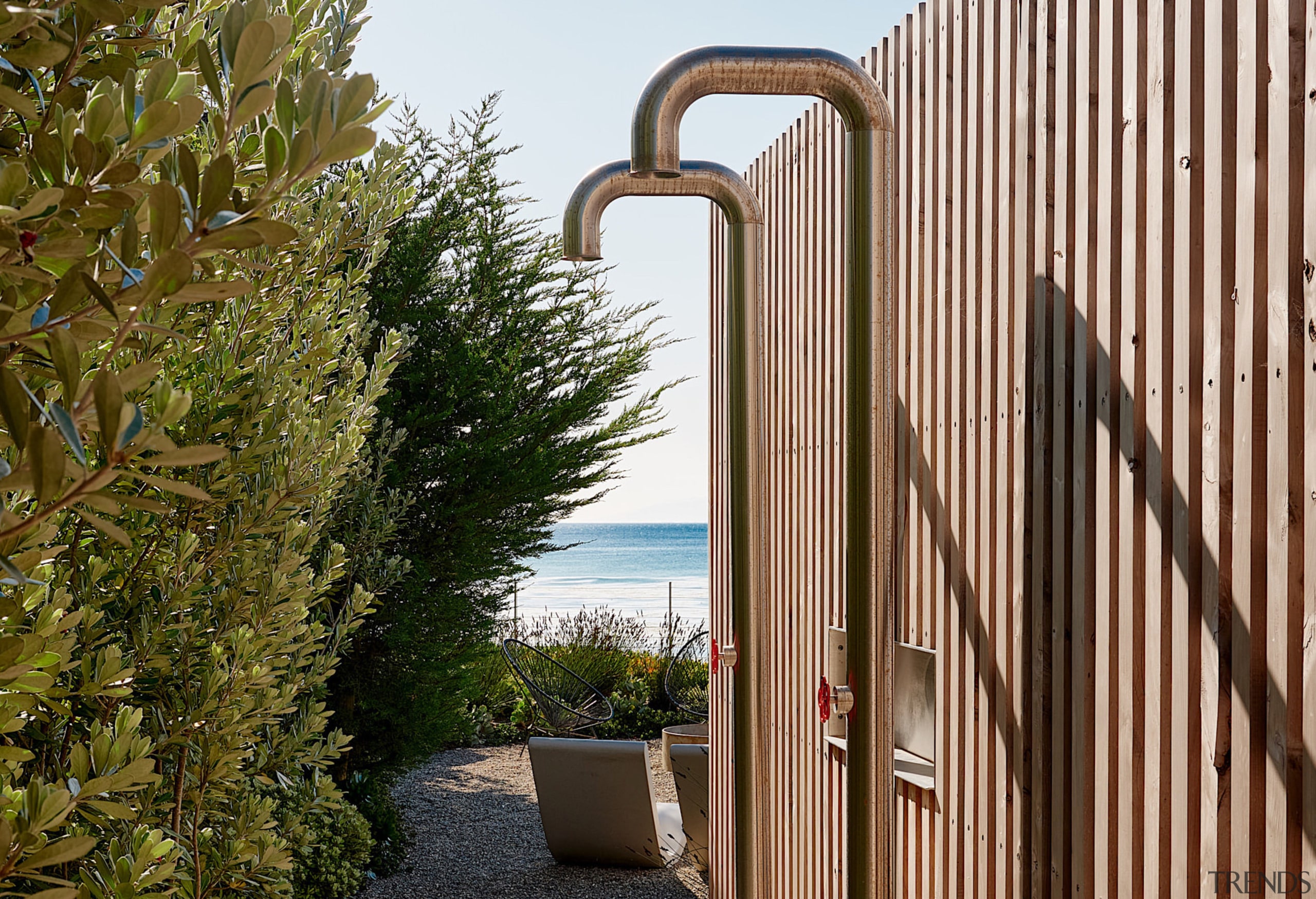 Even the outdoor showers are a sculptural event 