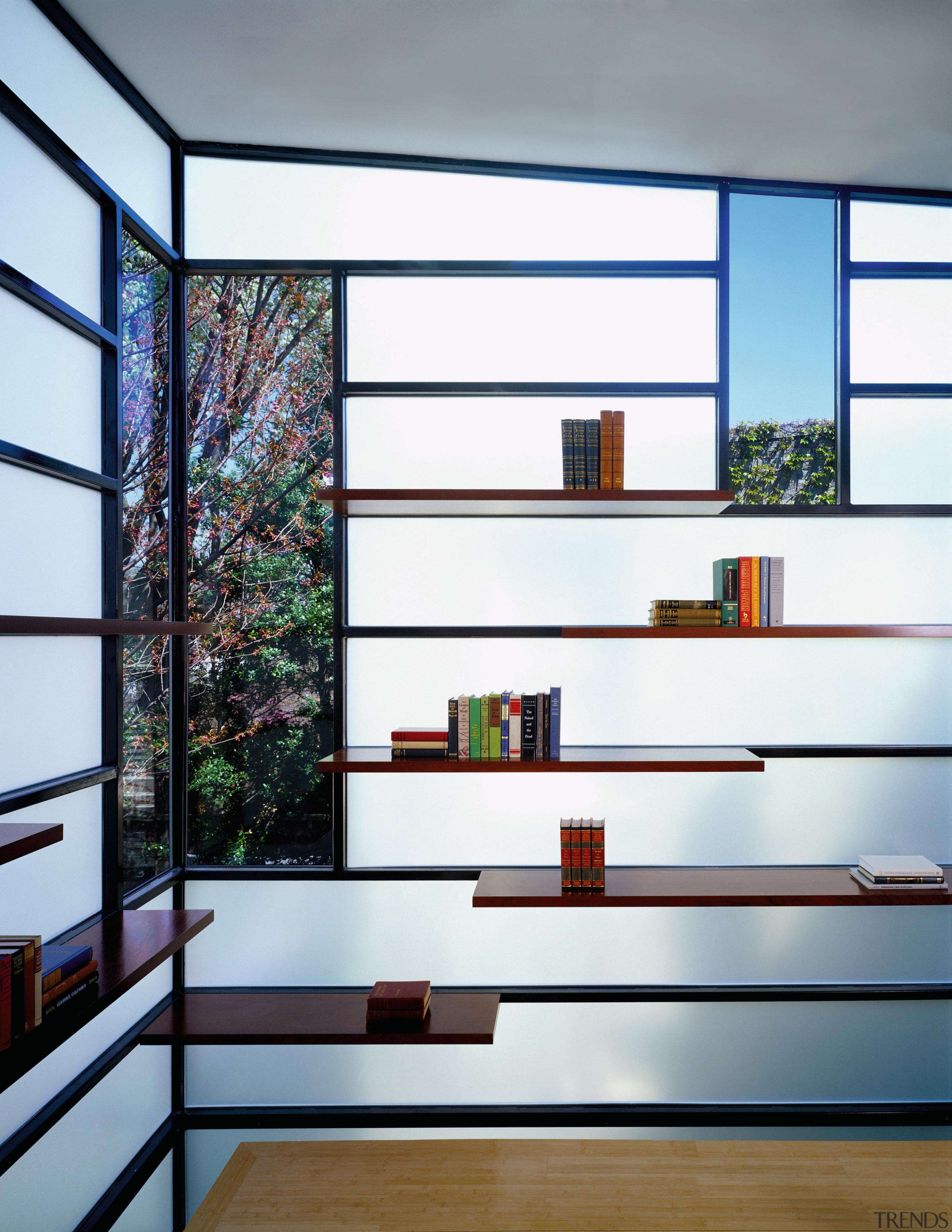 Architect David Jameson modern insertion into this row architecture, bookcase, daylighting, furniture, glass, house, interior design, shelf, shelving, window, white