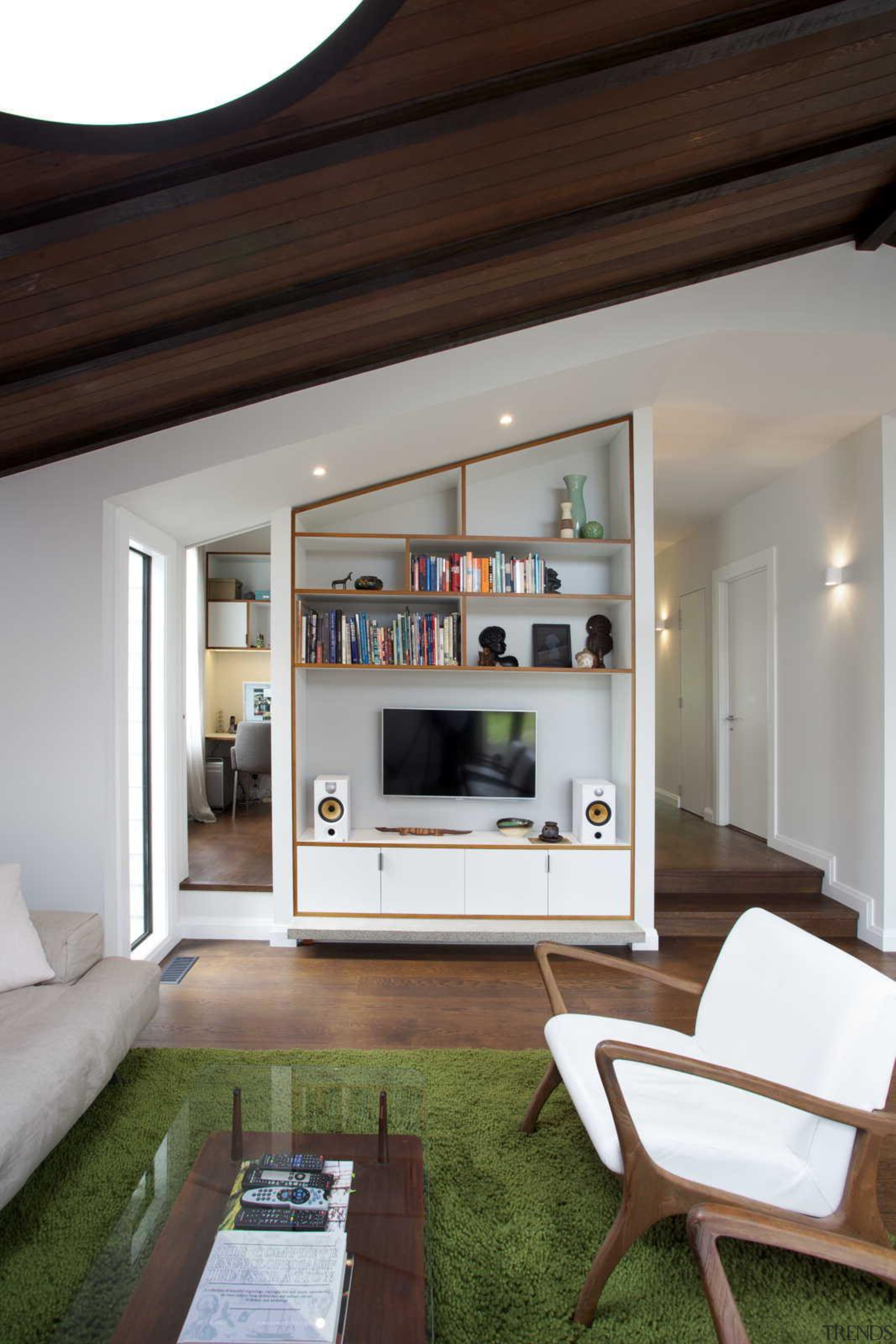 A hidden home office can be opened up furniture, home, house, interior design, living room, table, gray, black