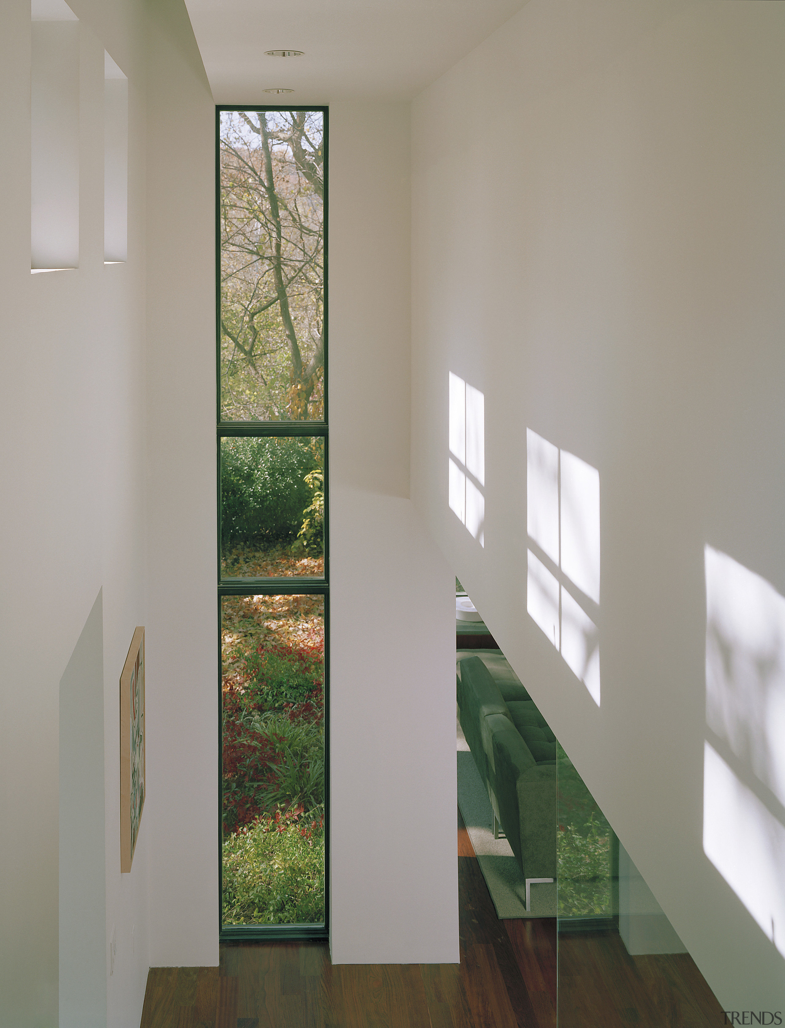 The privacy of the woodland setting meant full-height architecture, ceiling, daylighting, glass, home, house, interior design, window, gray