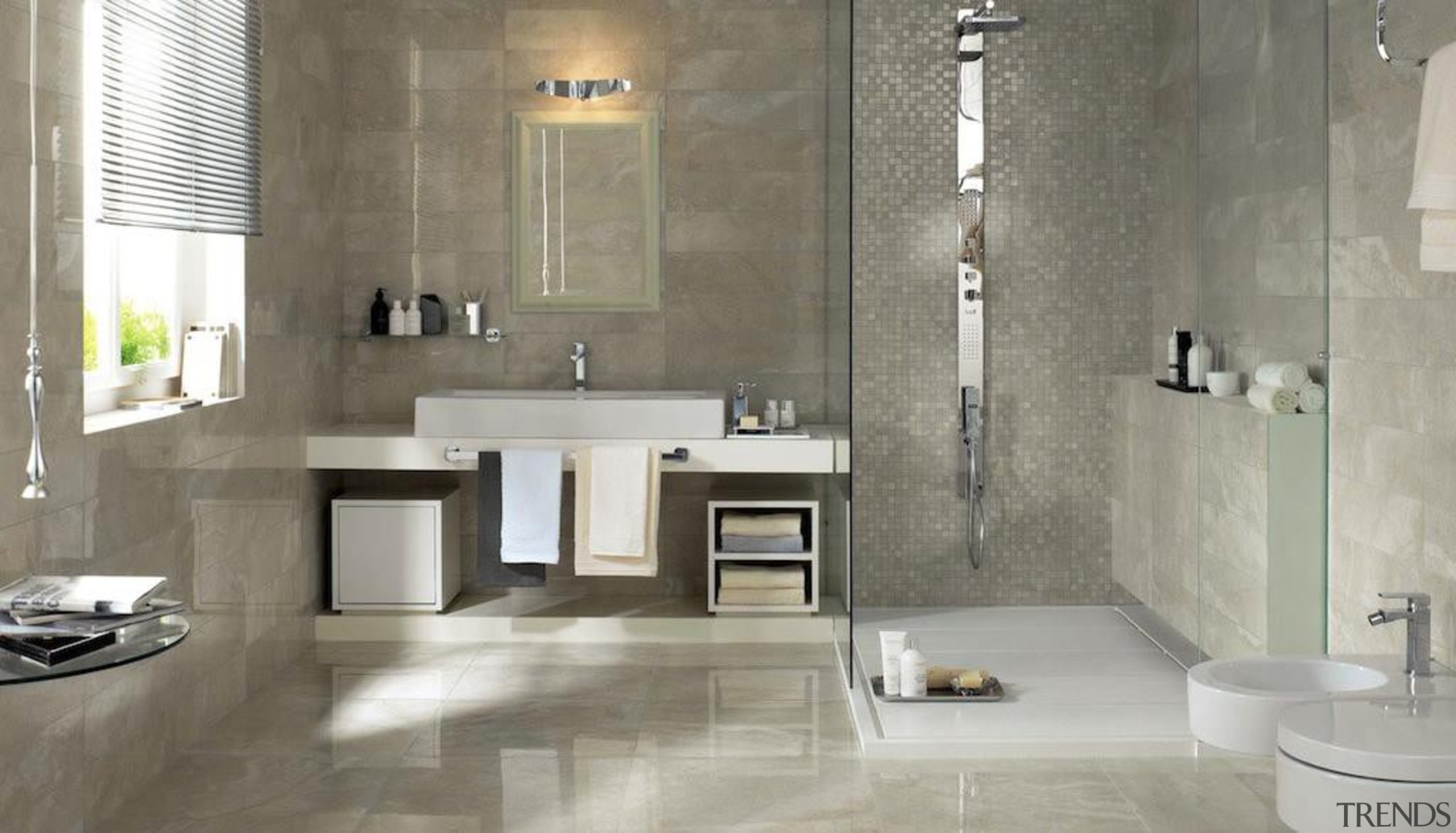 travertino silver bathroom tiles - Travertino Crosscut Range bathroom, bathroom accessory, bathroom cabinet, ceramic, floor, flooring, interior design, plumbing fixture, product design, room, sink, tap, tile, wall, gray