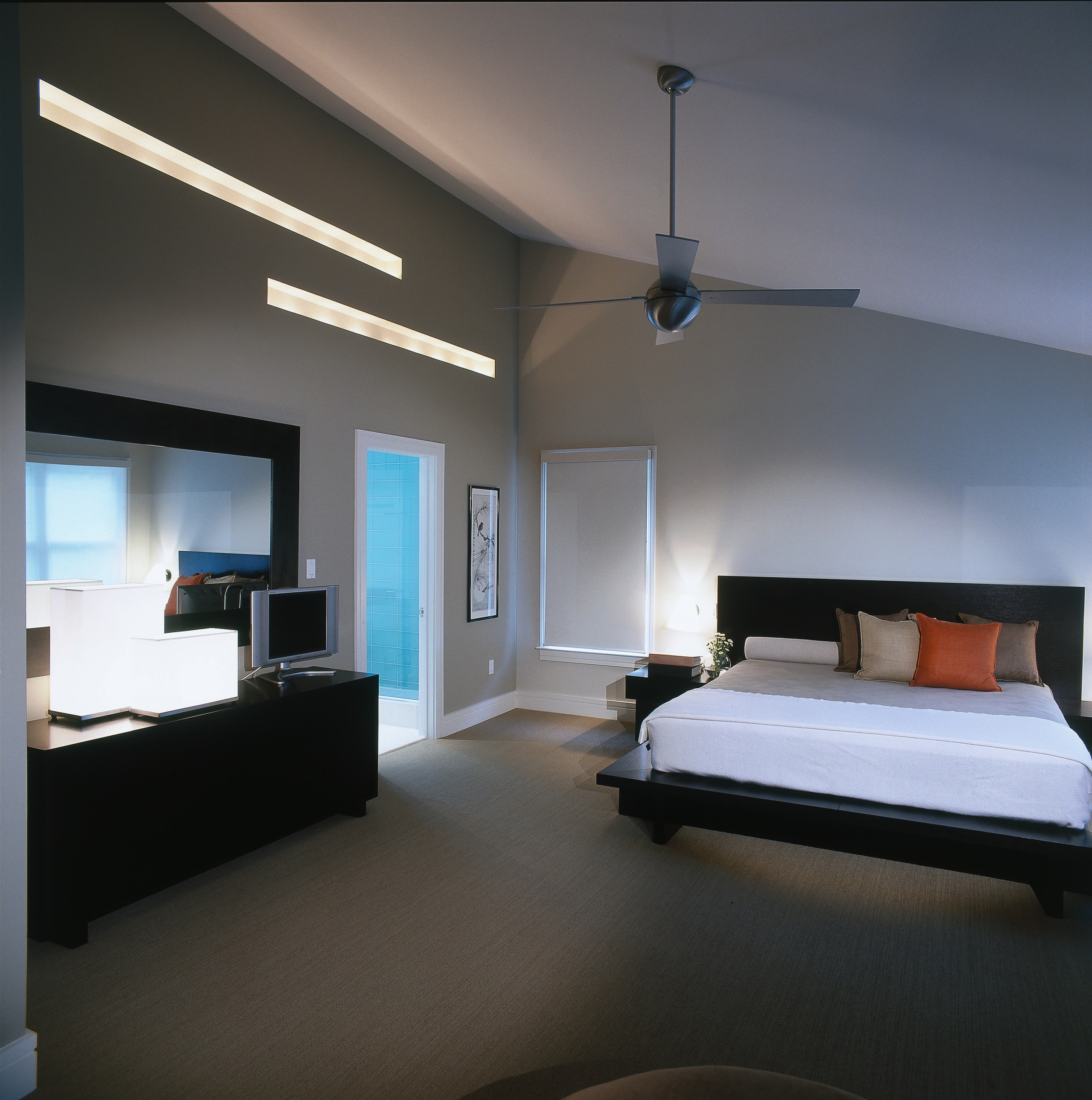 View of the master bedroom, brown carpet, wooden architecture, bed frame, bedroom, ceiling, daylighting, floor, furniture, interior design, room, suite, window, gray, black