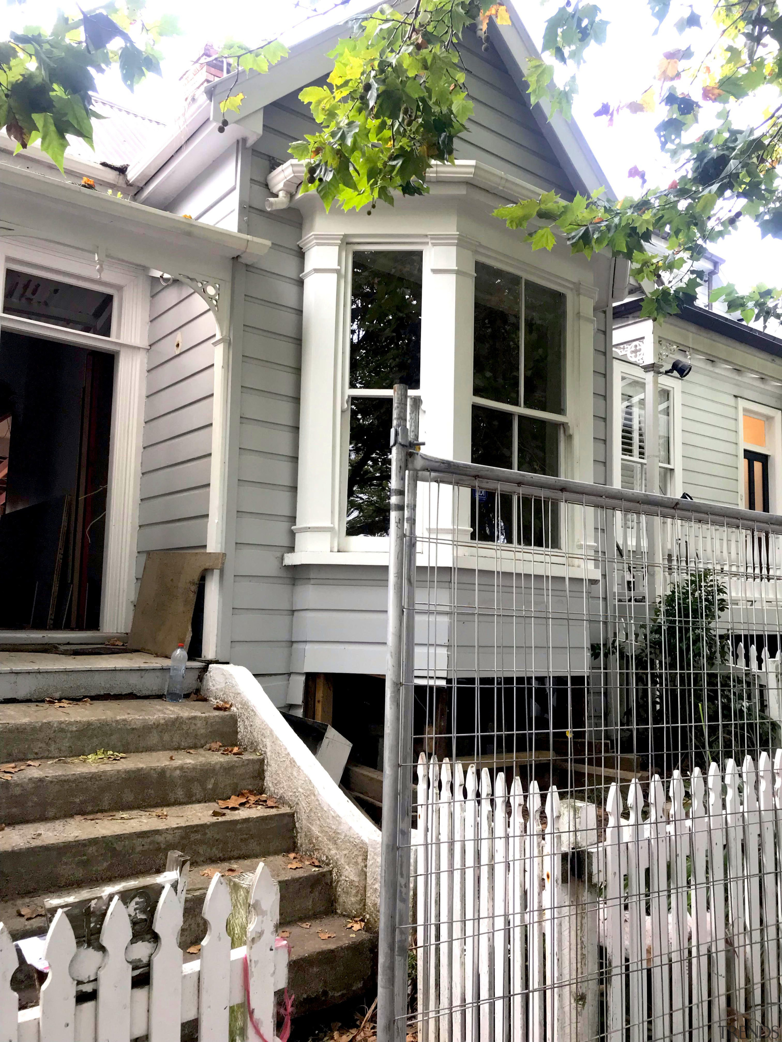 Diary of a renovation: Volume one - architecture architecture, building, cottage, facade, fence, home, home fencing, house, neighbourhood, picket fence, porch, property, real estate, residential area, siding, tree, window, white, gray
