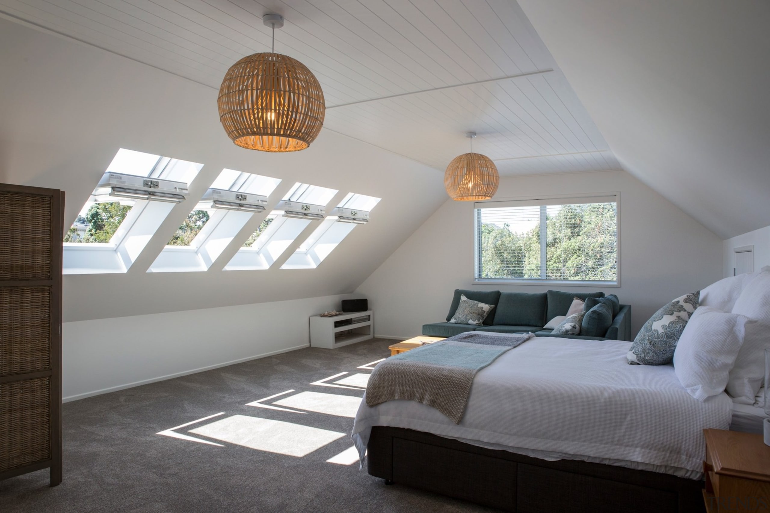 Master bedroom with leafy views and ample sunlight architecture, bed frame, bedroom, ceiling, daylighting, estate, home, house, interior design, real estate, room, gray