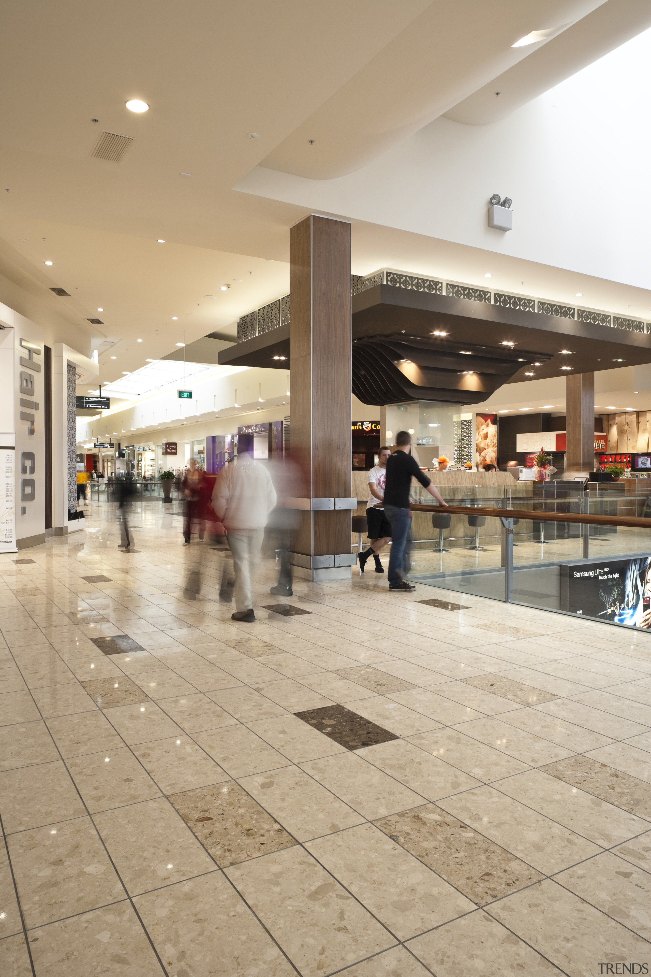 A + H Tiling supplied and installed the floor, flooring, lobby, shopping mall, orange, gray