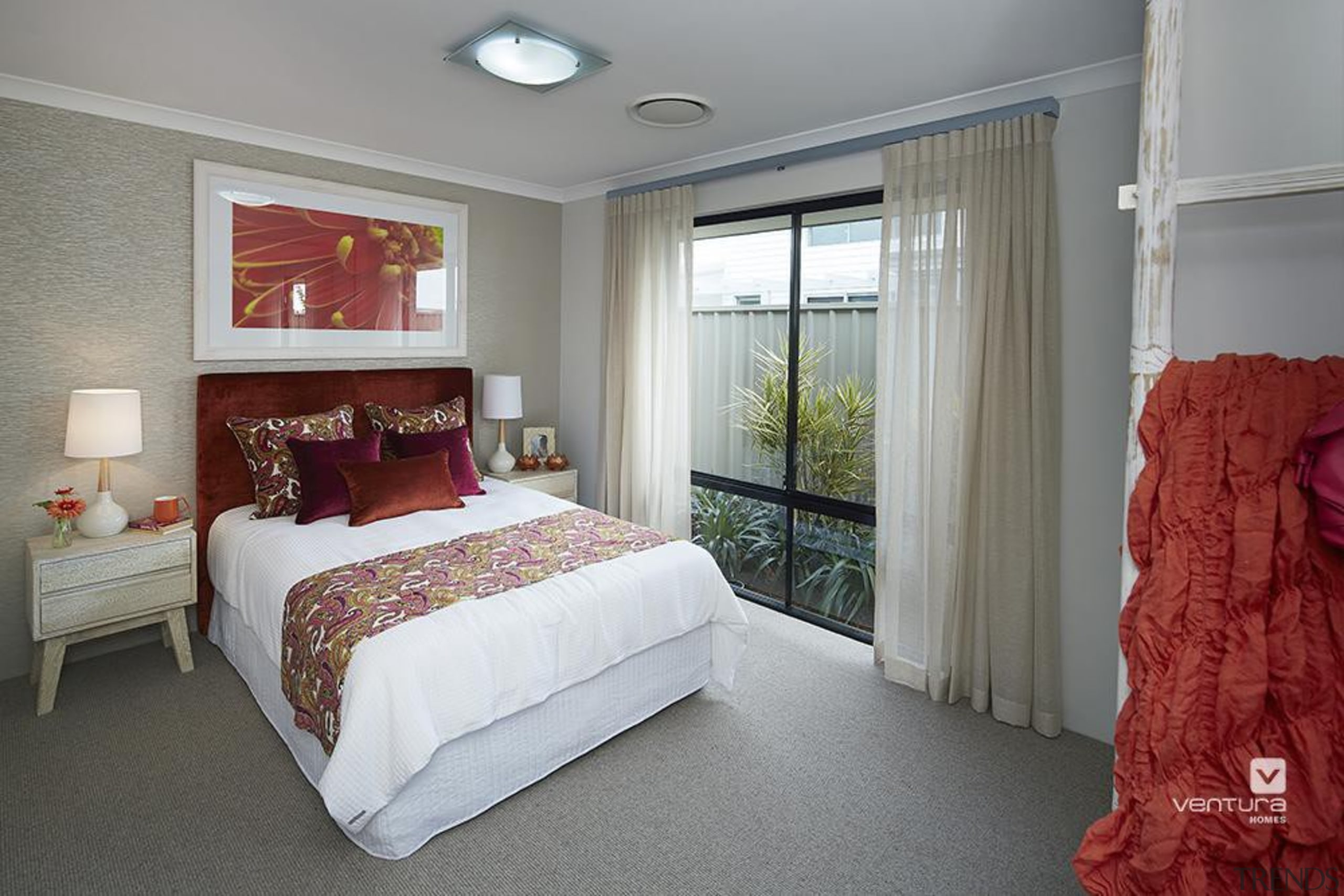 Bedroom design. - The Macquarie Display Home - bed frame, bed sheet, bedroom, ceiling, home, interior design, property, real estate, room, suite, window, window covering, window treatment, gray