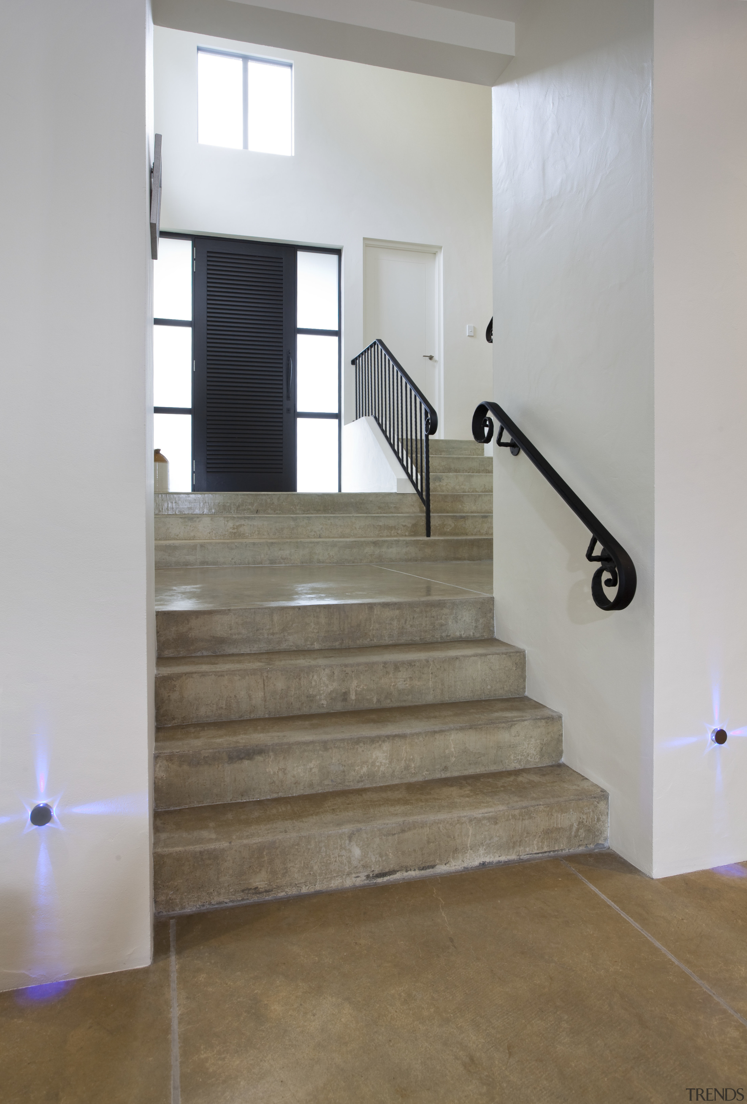 View of neutral-toned Peter Fell home - View architecture, daylighting, floor, flooring, glass, handrail, hardwood, home, house, interior design, laminate flooring, stairs, tile, wall, wood, wood flooring, gray, brown