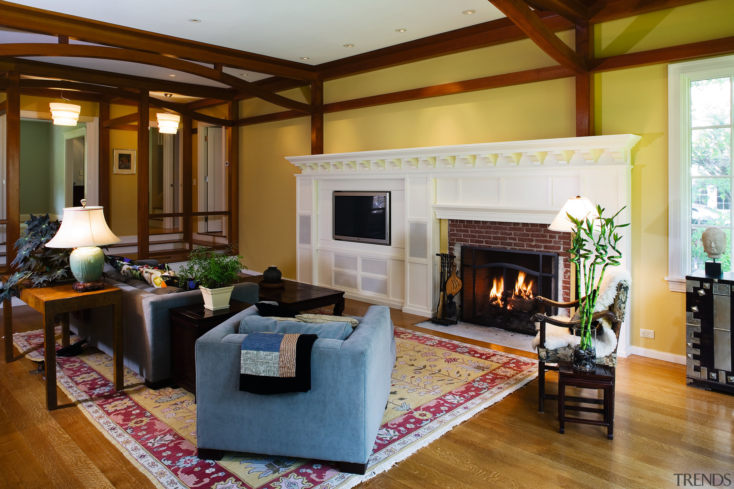 View of the modern living area featuring oak ceiling, home, interior design, living room, real estate, room, brown