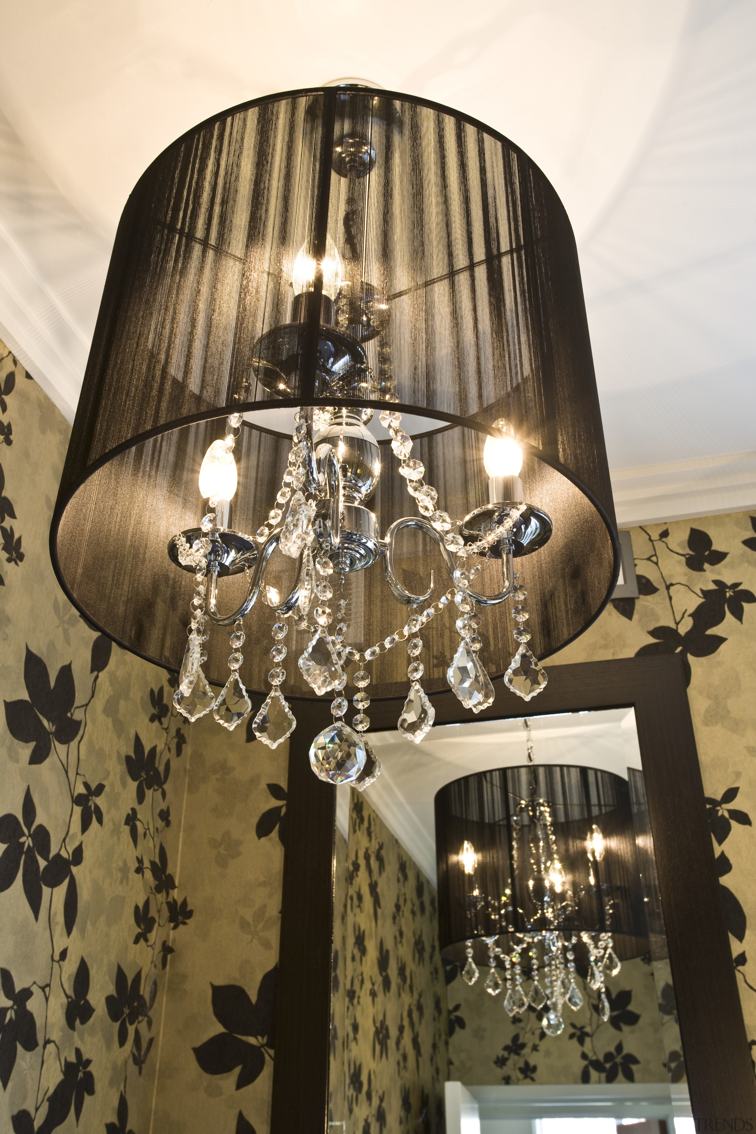 View of a powder room with a crystal chandelier, decor, lamp, lampshade, light fixture, lighting, lighting accessory, brown, white