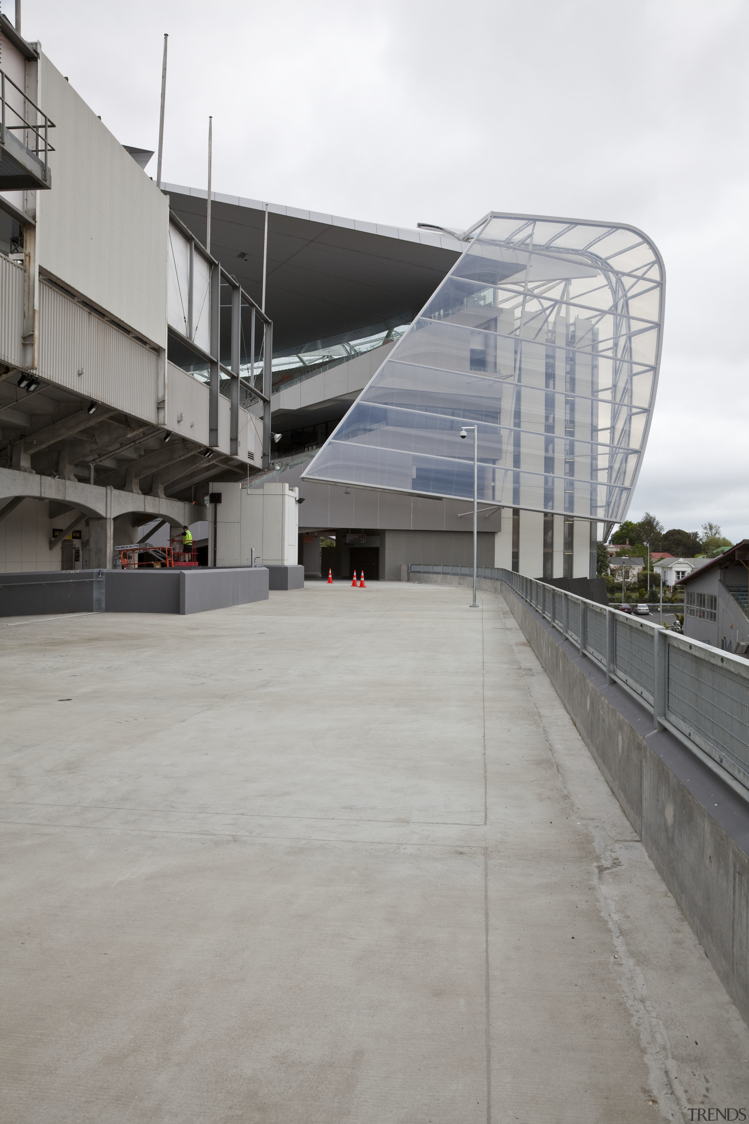 View of concrete pedestrian bridge at Eden Park architecture, building, sky, structure, gray