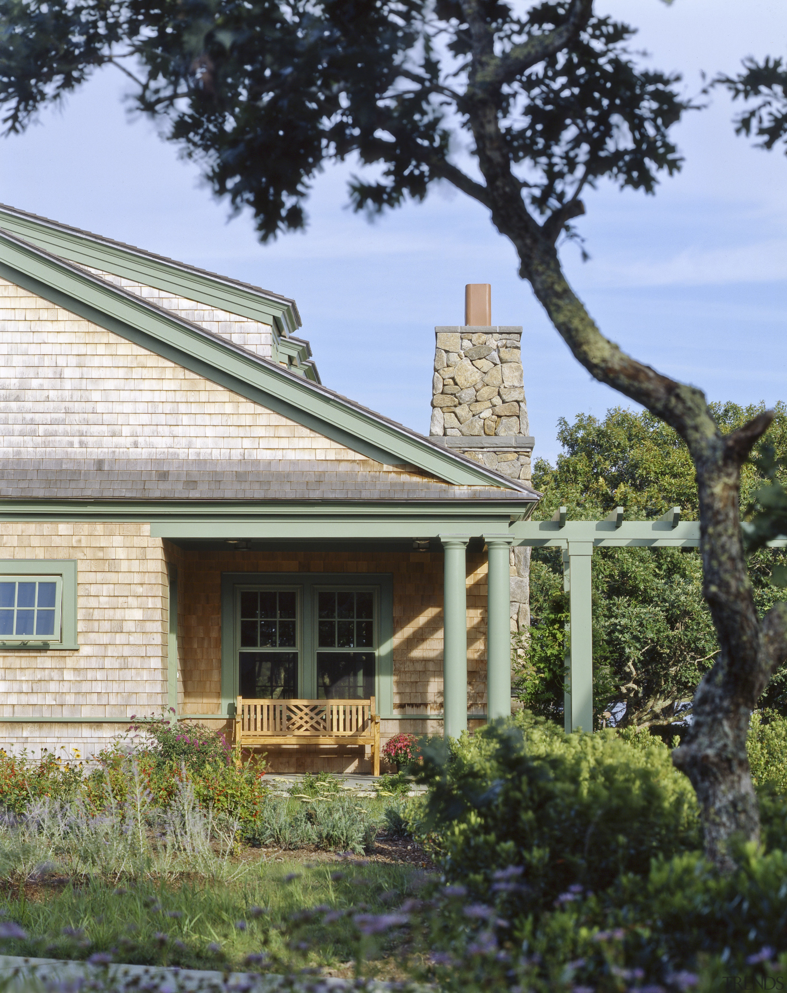 Exterior view of the house, shingle siding, shinlge cottage, estate, facade, farmhouse, home, house, outdoor structure, property, real estate, roof, siding, tree, window
