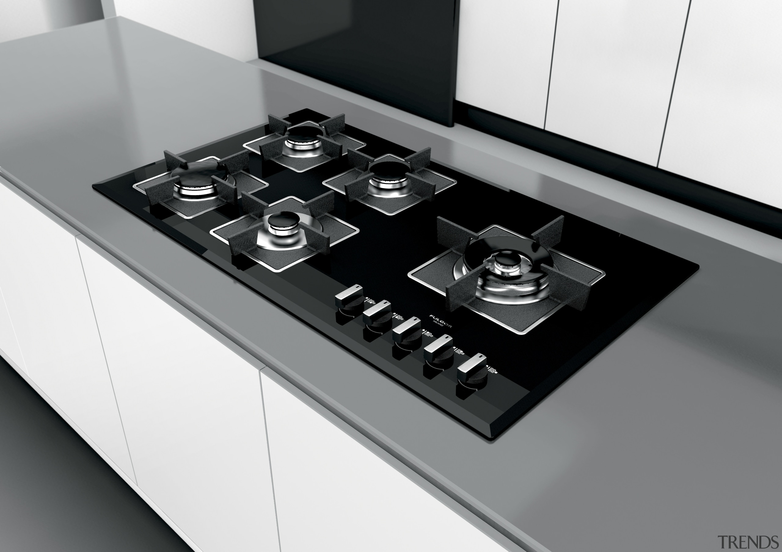 View of modern kitchen fitted with Kleenmaid appliances. countertop, gas stove, kitchen stove, product, product design, gray, white, black