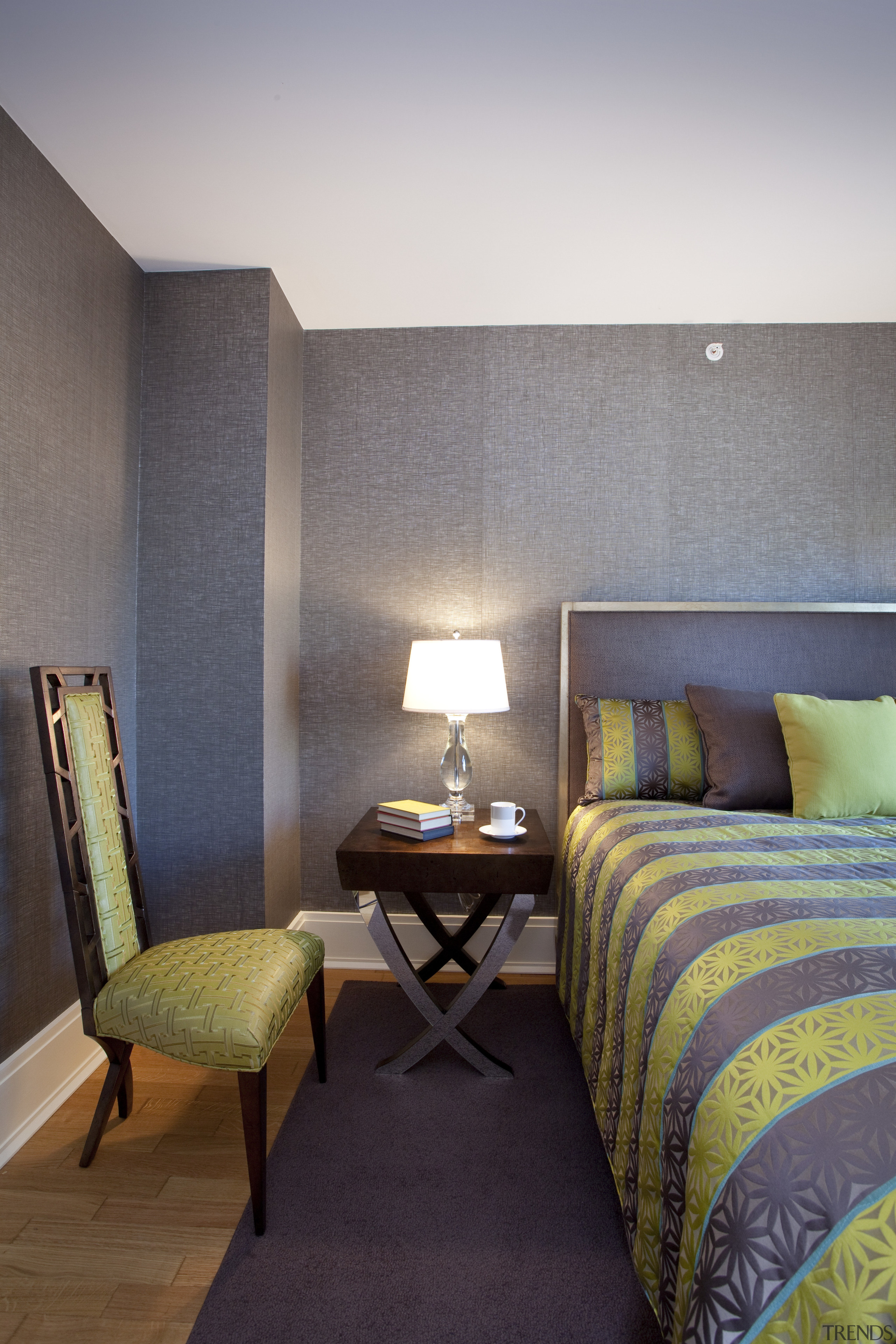 The childrens bedrooms in this New York apartment architecture, bedroom, ceiling, chair, furniture, home, hotel, interior design, living room, room, suite, wall, gray